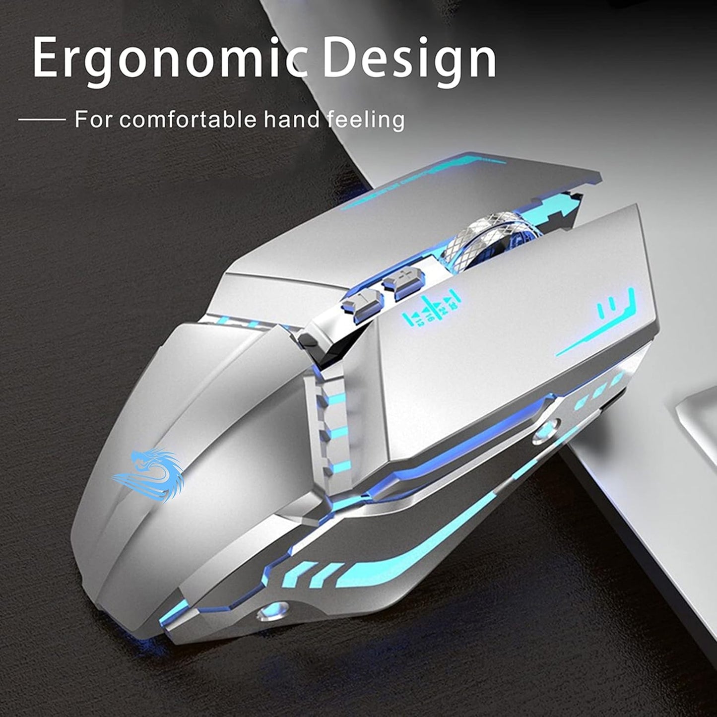 TENMOS T12 Wireless Gaming Mouse, Silent Rechargeable Computer Mice-Silver | 2.4GHz Optical, 7 Color LED Lights, Quiet Click,Side Buttons,3 Adjustable DPI,Ergonomic Design, Nano Receiver,USB C Charging