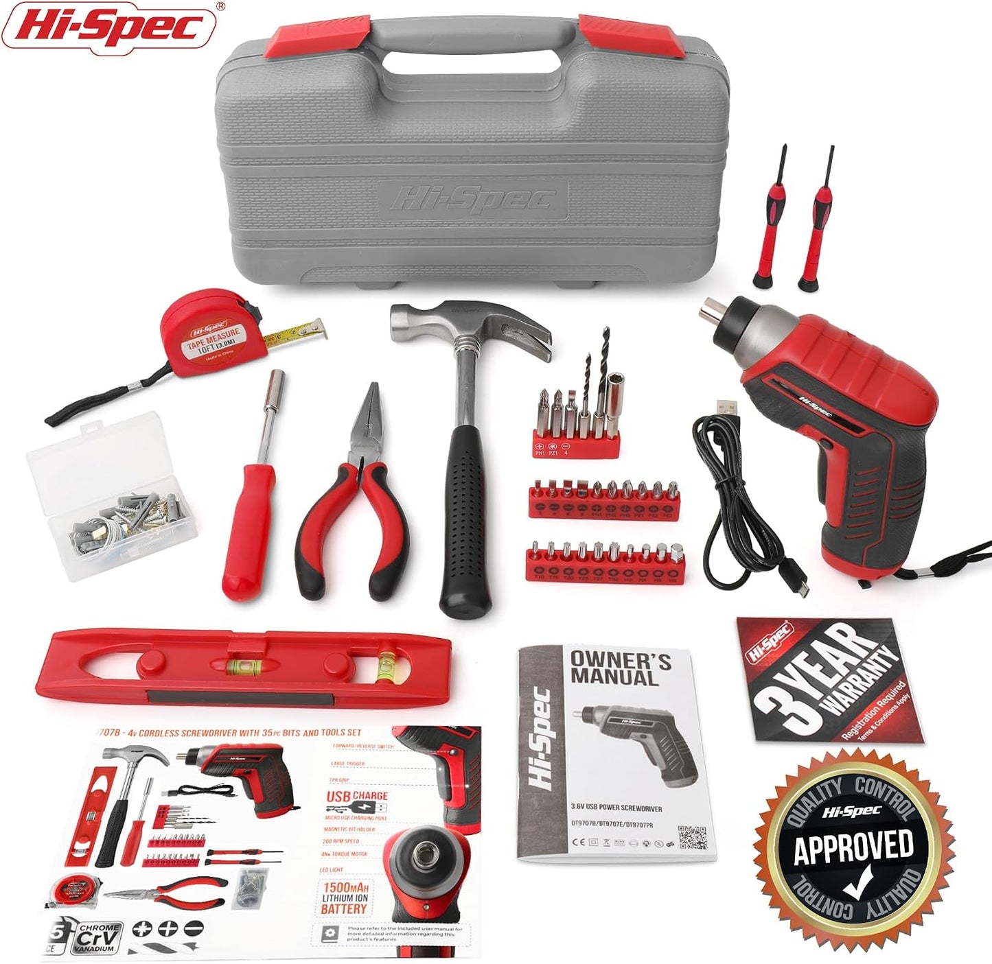 Hi-Spec 3.6V USB Electric Screwdriver for Home Repairs and Assembly, Red | 35pc, fast assembly help, common screw bit selection, LED visibility, compact grip, quick household fixes, organized storage