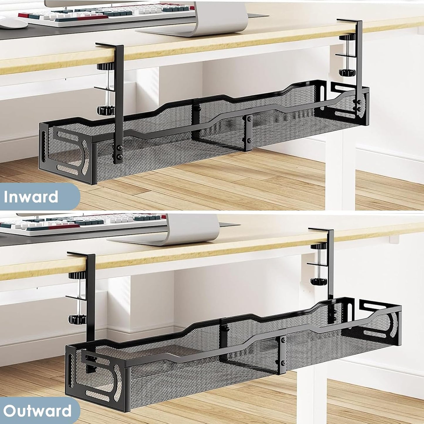 Cable Management, 25'' Cable Management Under Desk, Cable Tray | No Drill Under Desk Cable Management Tray, Cord Organizer with Clamp for Standing Desk, Desk Organizer for Home Office