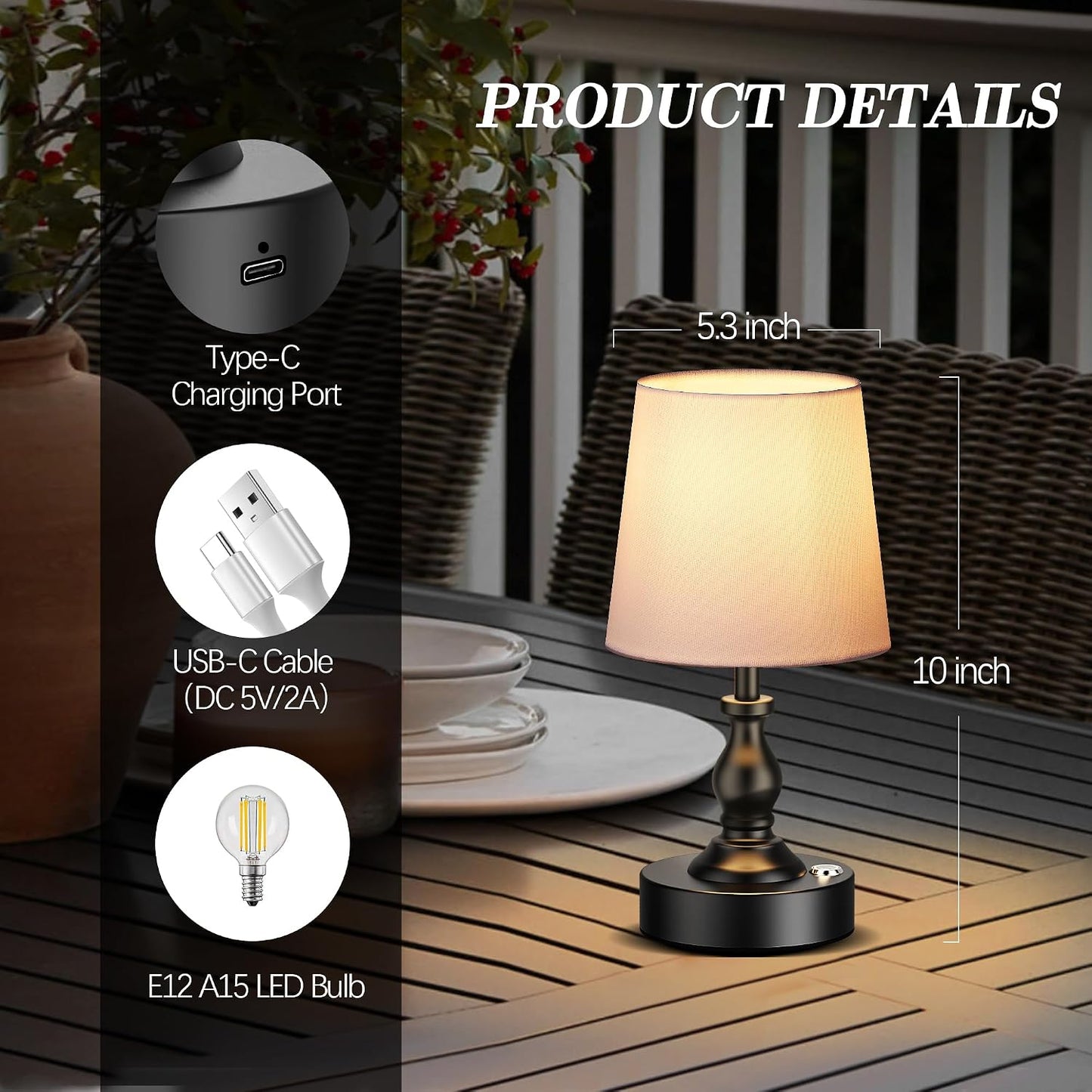 Mini Cordless LED Table Lamp, 5200mAh Rechargeable Battery Operated Lamp, 3-Level Brightness, Touch Dimmable Desk Lamp, Bedside Night Light for Patio Camping Restaurant Home, Matte Black