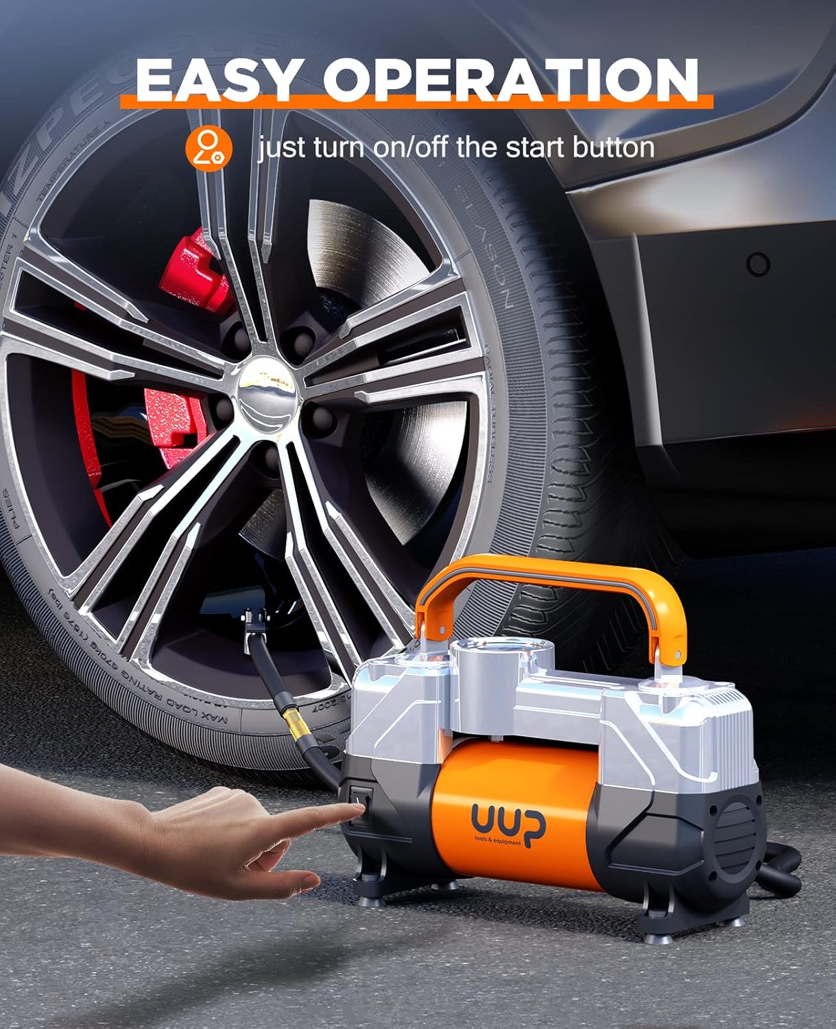 UUP Portable 12V Air Compressor, 150 PSI Tire Inflator with Dual Cylinders | Heavy-Duty Air Pump with Emergency LED Light for Car, Truck, SUV, RV, Bicycle Tires, Balls, Air Mattress, Orange