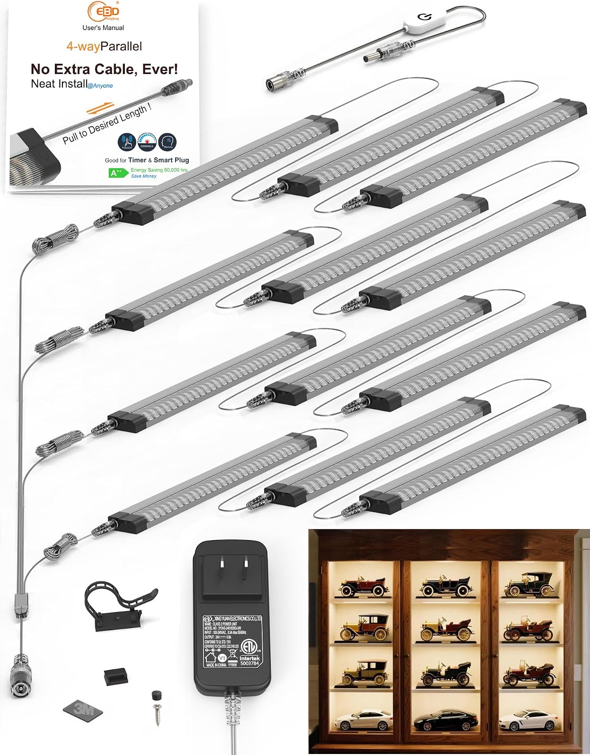 EBD LED Under Shelf Lights, 4-Way Parallel Light Bar, 12-Panel Cabinet Lighting, 6500K 5400Lm Counter Lights with Slack-Free Wiring, Maximized for Spacious 4-Layer Showcase, Bookcase & Storage Rack