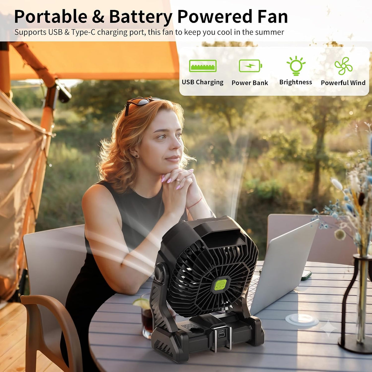 Battery Powered Fan Rechargeable Portable Camping Fan Tent with Light | 20000mAh Cordless Battery Operated Camping Fans with Light,USB Personal Fans Outdoor Camping Essentials Beach Tent for Travel
