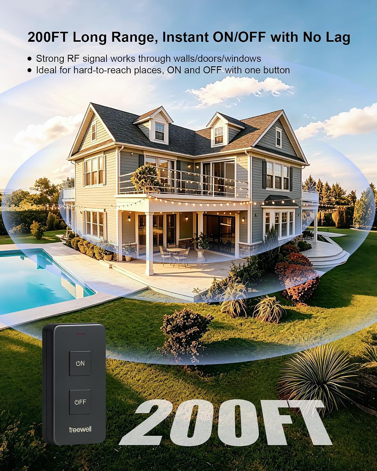 Outdoor Remote Control Outlet with Portable Magnetic Switch | 200FT Wireless Range, 15A/1875W Heavy Duty, Weatherproof for Lights, Fountains, Pumps, Household Appliances, ETL & FCC Listed
