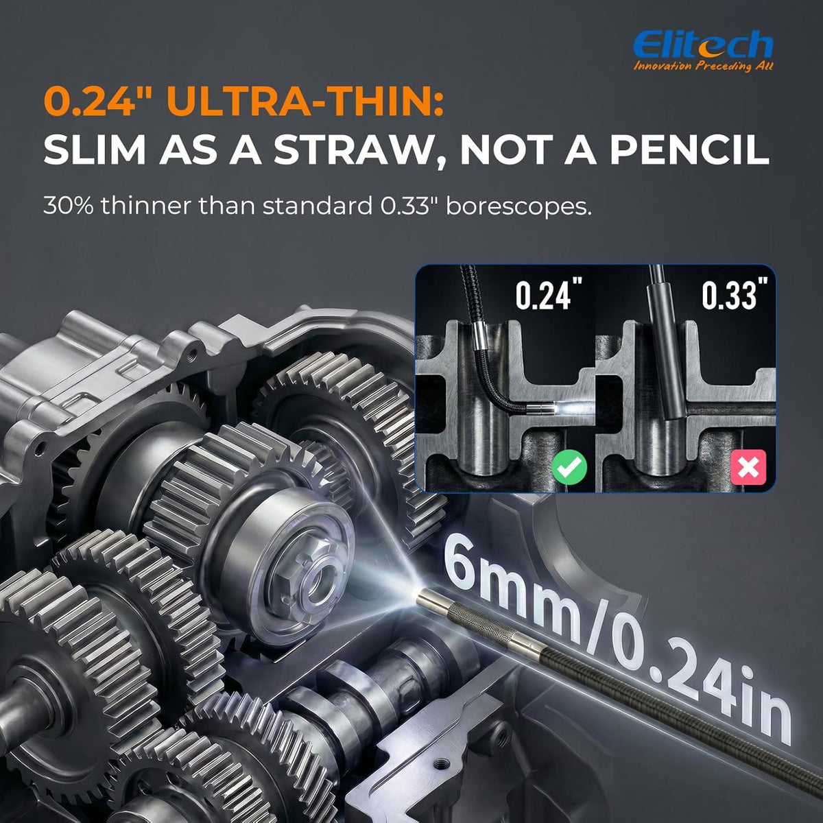 Elitech Articulating Borescope with Light, 6mm/0.24in Inspection Camera | 180° Articulation, Adjustable LEDs, 1080P IPS Display, Slim Probe, IP67 Waterproof, 20,000+ Bend Life, High Temp Protection
