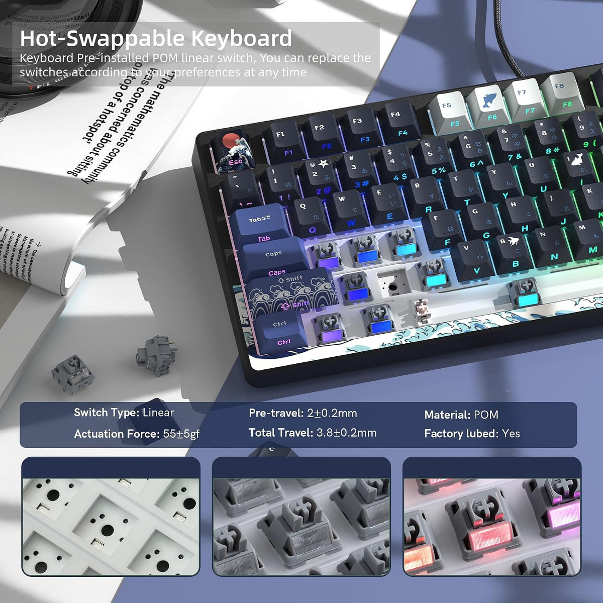 Womier SK80 75% Keyboard with Color Multimedia Display Gaming Keyboard | Creamy Sound Mechanical Wired Hot Swappable Gasket RGB Custom Key board, Pre-lubed Stabilizer for Mac/Win, Black Kanagawa