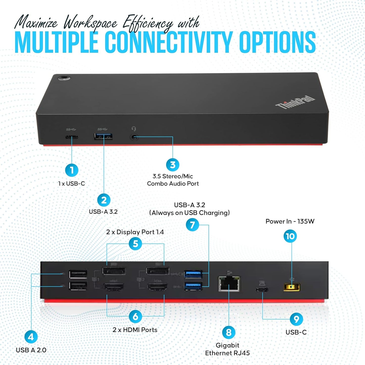 40AF0135US Lenovo Docking Station Dual Monitor - ThinkPad Dock USB-C, USB-A | Dual Monitor Support – Connect multiple displays with 135W Adap TER, HDMI & DisplayPort outputs