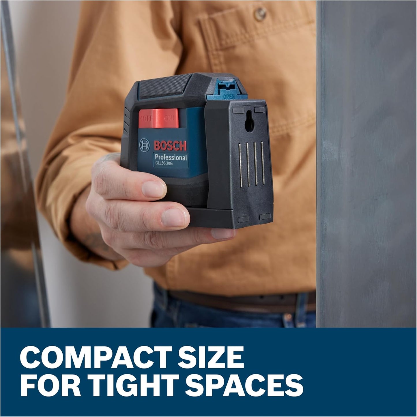 BOSCH GLL50-20G 50 Ft Green-Beam Self-Leveling Cross-Line Laser, Includes Integrated Magnetic Mount, 2 AA Batteries, & Soft Pouch