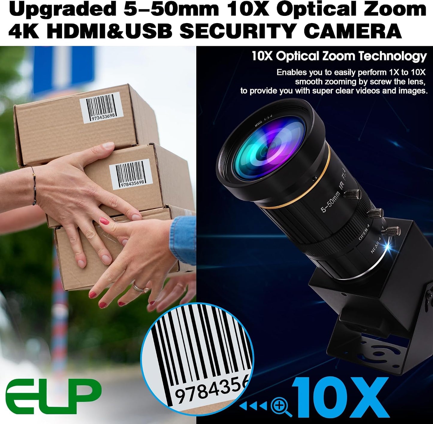 ELP 4K USB HDMI USB Camera Manual Zoom Webcam Variable Focus PC Camera Mini Close-up Camera for Computer H.264 Telescope USB Security Camera 8mp IMX415 Industrial CCTV Camera (5-50mm 10X Zoom Lens)