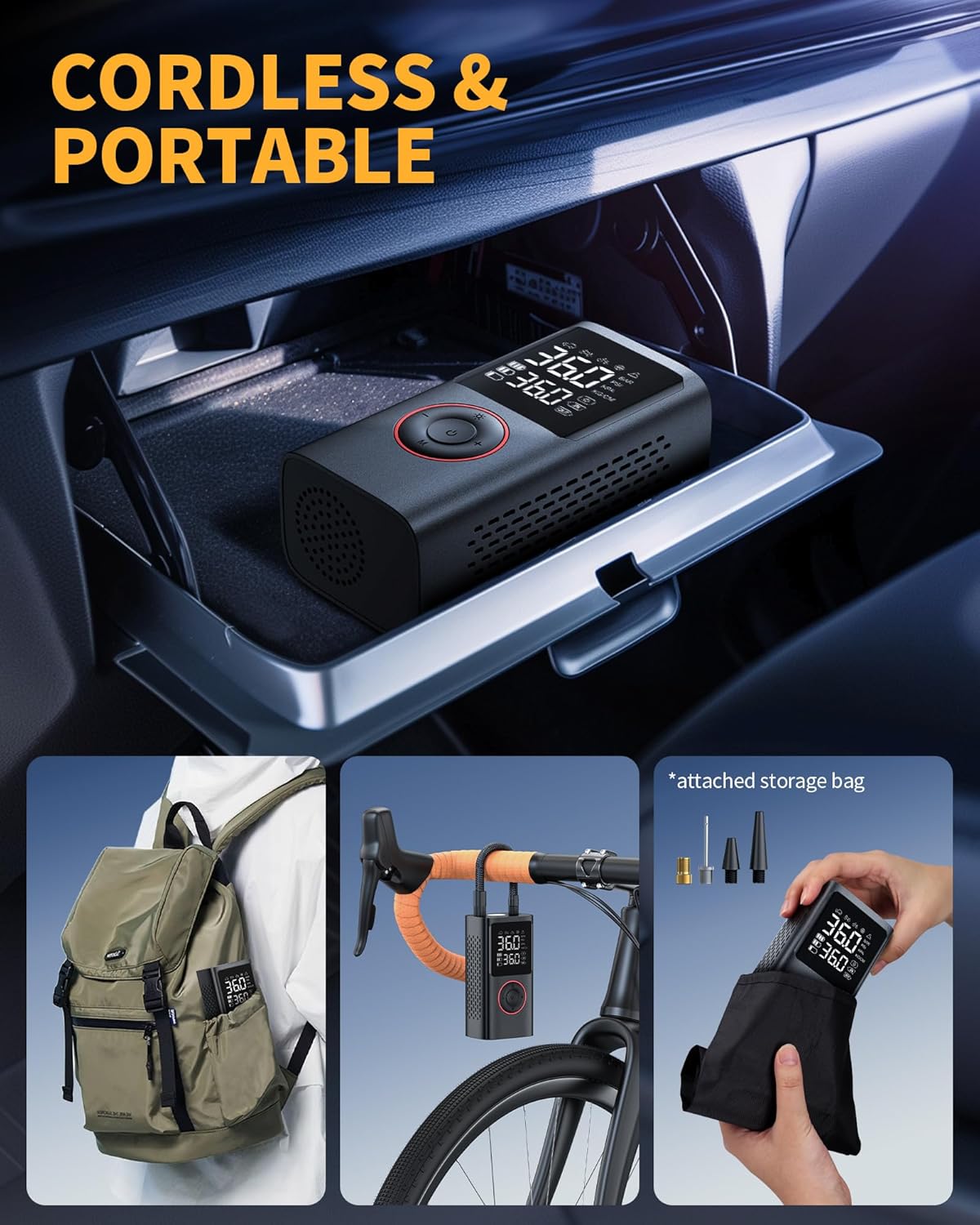 Powools Tire Inflator Portable Air Compressor, Cordless, Standard Capacity | Car Tires, Motorcycle, Bicycle, Balls, Inflatables, 150PSI, Auto Shutoff, LED Light, Black