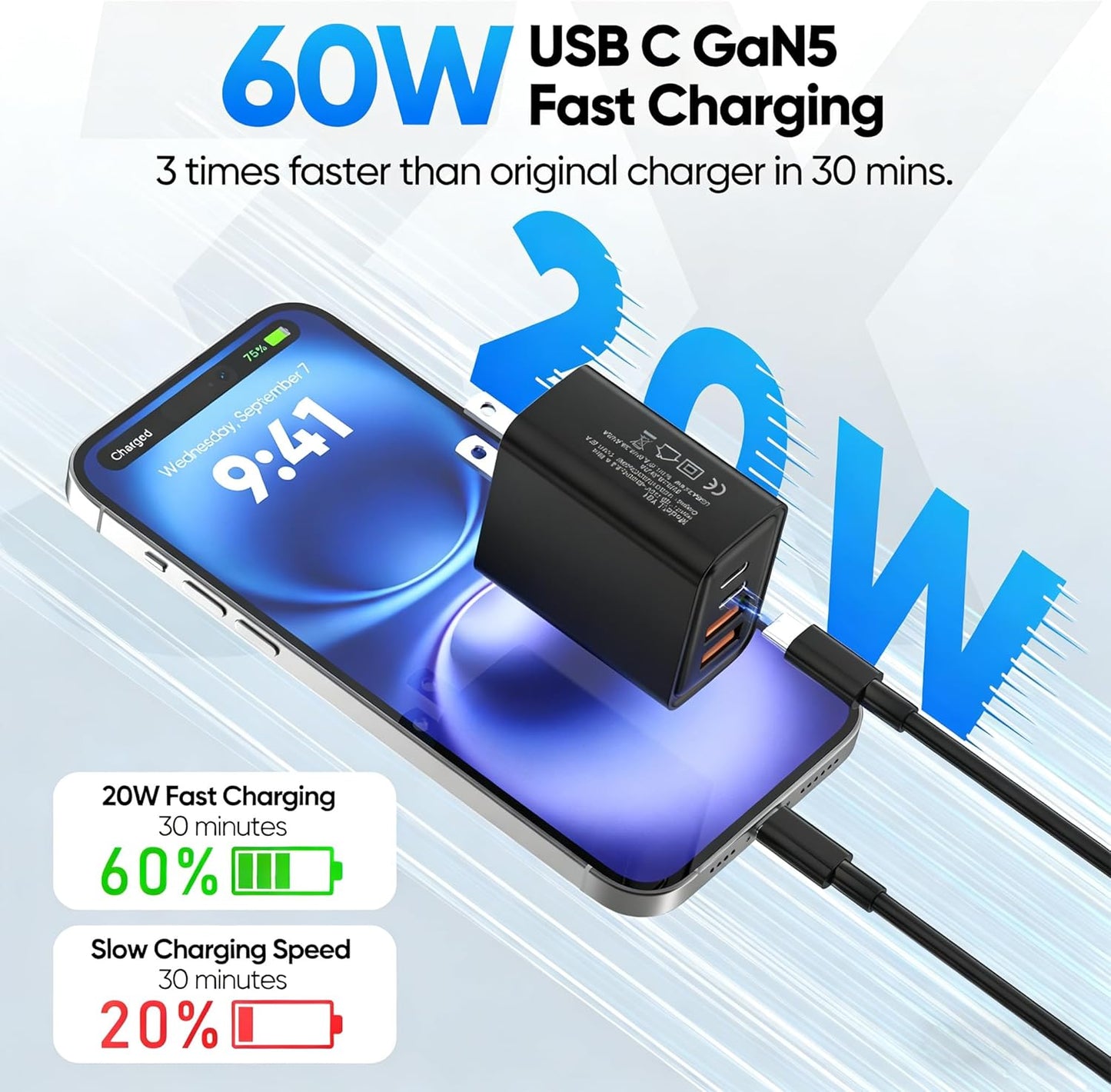 2 Pack USB C Charger Block 60W, 4-Port GaN5 Super Fast Phone Charger, Type C Charging Block PD 20W & QC 20W with 6.6FT USB C Cables for iPhone 17 Air/17/16/15 Pro Max Samsung Galaxy S24