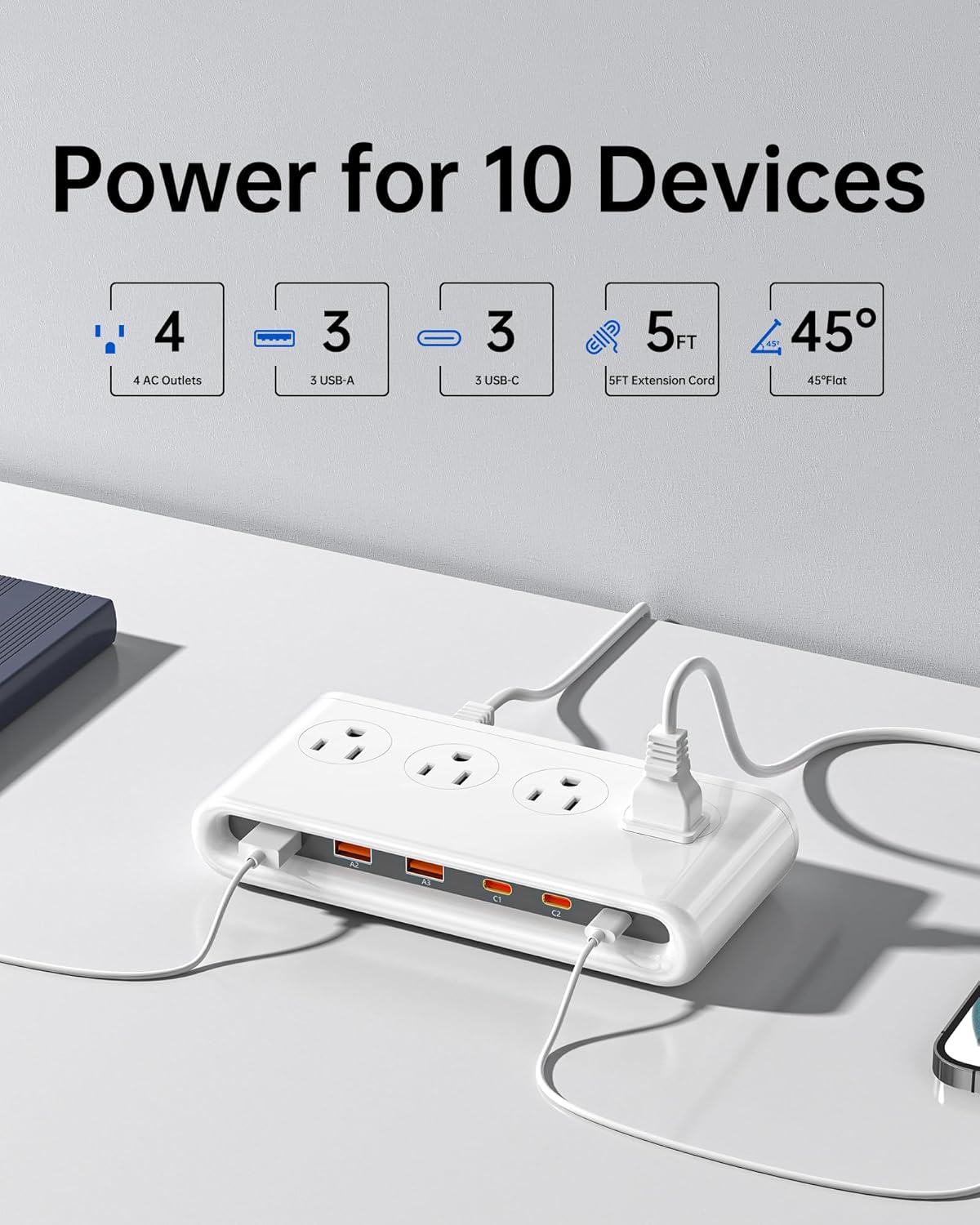 10-in-1 USB Charging Station with PD 20W Fast Charging, Surge Protector 6 USB Ports 4 AC Outlets 5ft Travel Power Strip with USB Ports Extension Cord for Home/Office/Travelling