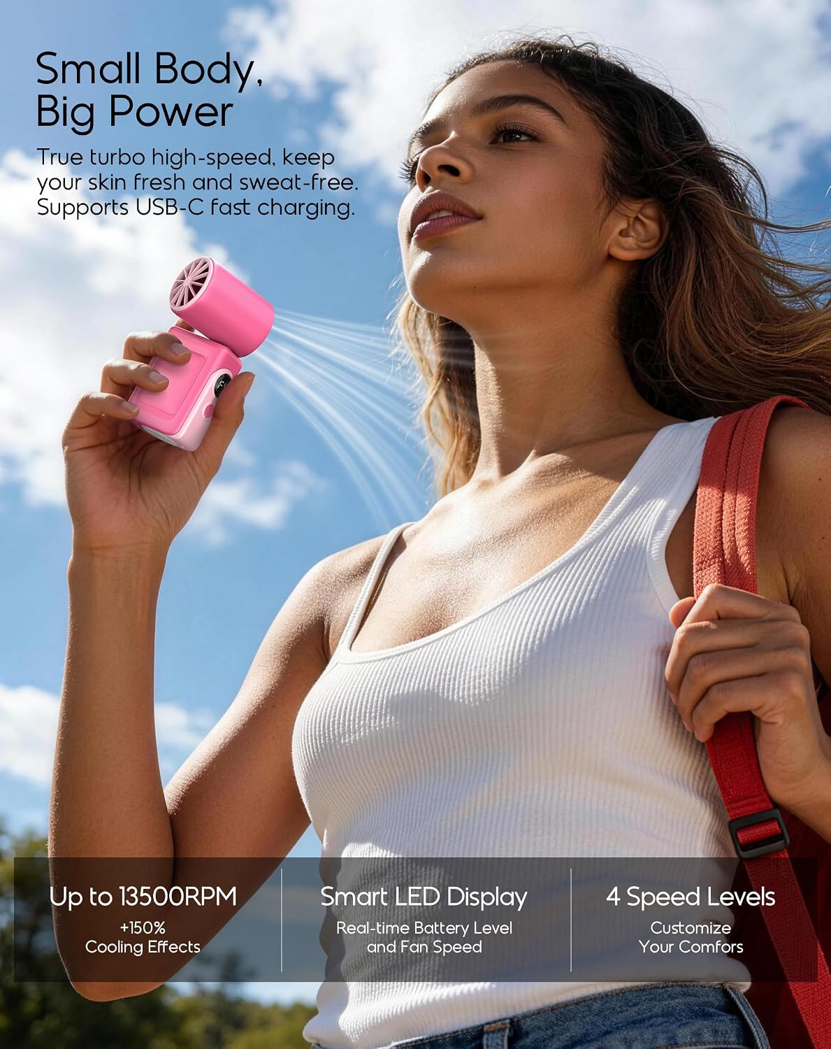 Clip-On Portable Mini Fan, Personal Turbo Travel Makeup Fan w/ LED Display | 360°Rotate Clip, Turbo 13500RPM, 4 Speeds, USB-C Rechargeable, for Travel Makeup Cruise Concert, Summer Gifts for Women Girl