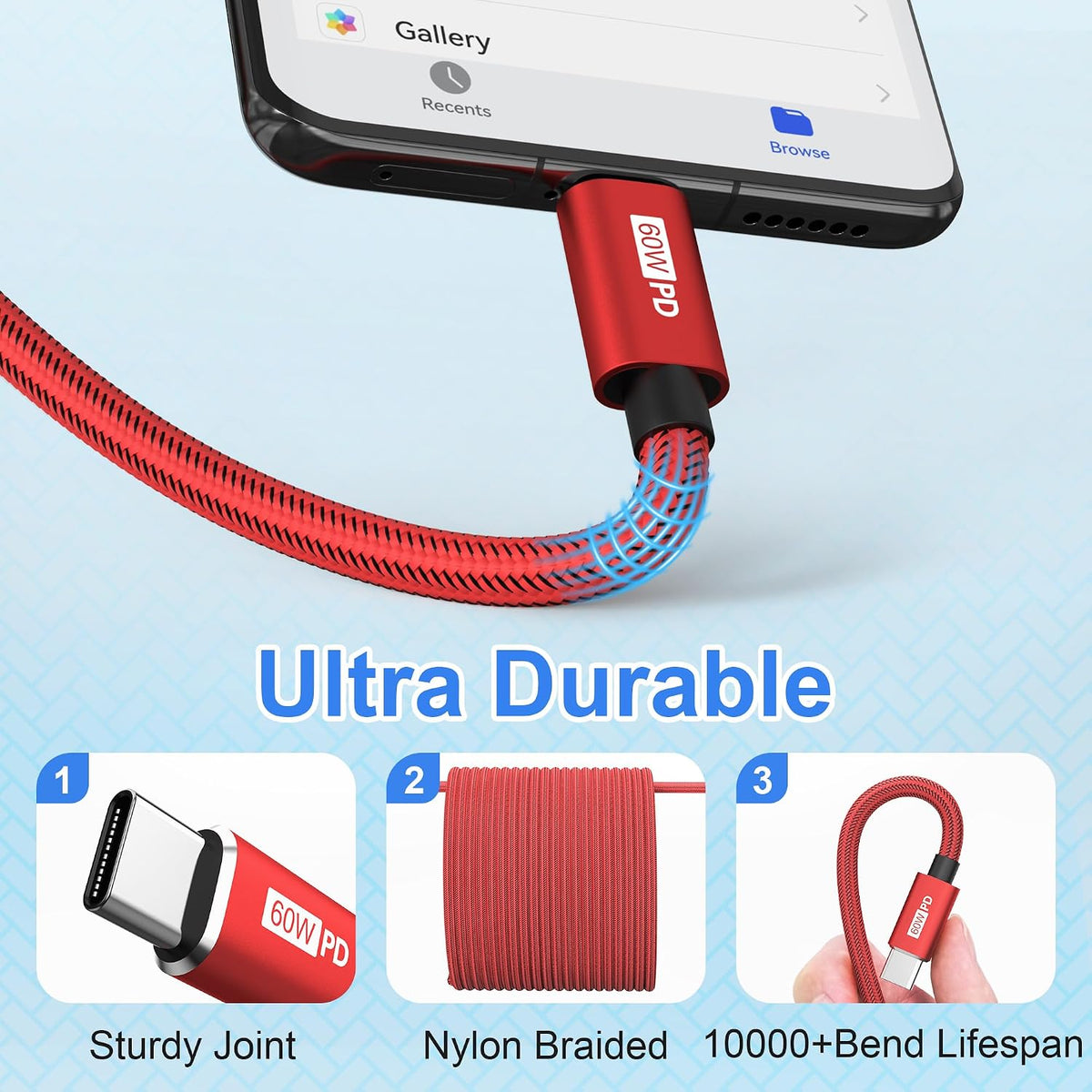 Bynccea 4-Pack USB C to USB C Cable 10ft C to C Cable Fast Charging C Cable, 60W(5A) Nylon Braided Type C Cables for Phone 17/16/15 Series Samsung S24/23