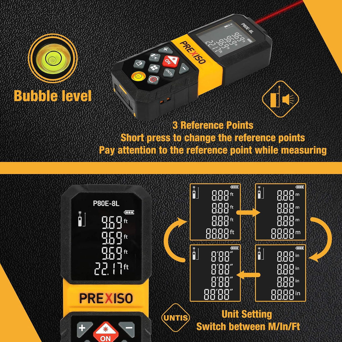 PREXISO Laser Measure Tool, 265Ft Rechargeable Laser Tape Measure (M/in/Ft) | Backlit LCD with 4 Line Display, Pythagorean/Distance/Area/Volume Modes, Mute Mode & 30 Records Memory, 3 Reference Points