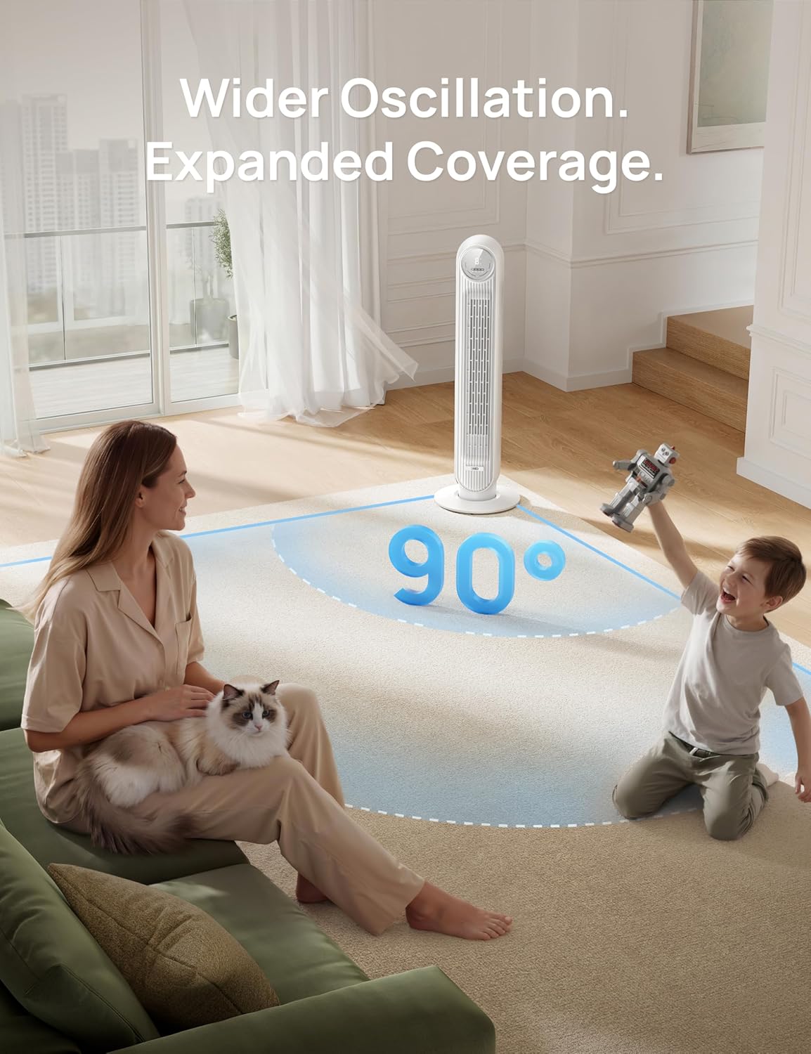 DREO Smart Tower Fan for Bedroom, 28ft/s, 20dB Ultra Quiet Fan, 8 Speeds | 2026 Upgraded DC Motor, 90° Oscillating Floor Fan, WiFi Voice Control, 4 Modes 8H Timer, Bladeless Standing Fans with Remote