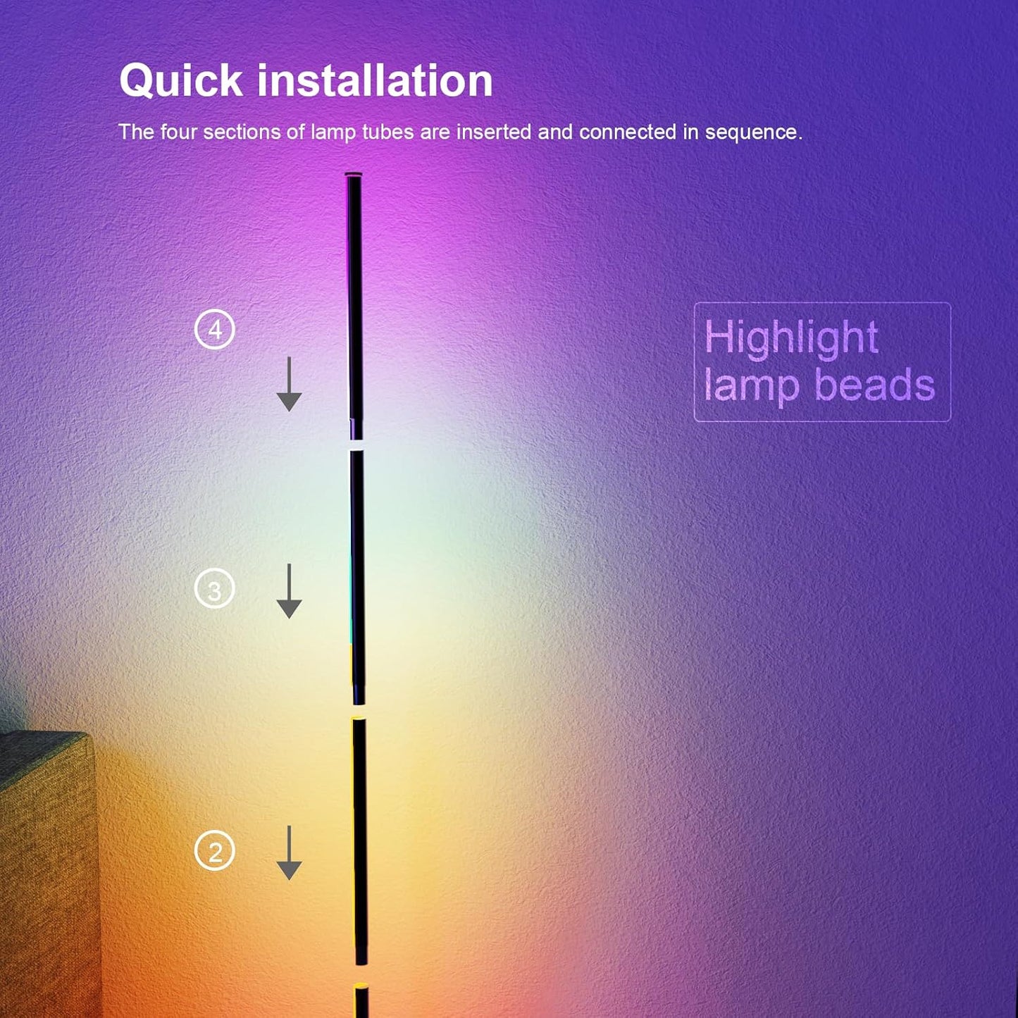 Corner Floor Lamp, 60”Smart RGB LED Ambient Floor Lamp with App and Remote Control,16 Million Colors, Music Sync, Timer, Color Changing Mood Lighting for Living Room and Bedroom