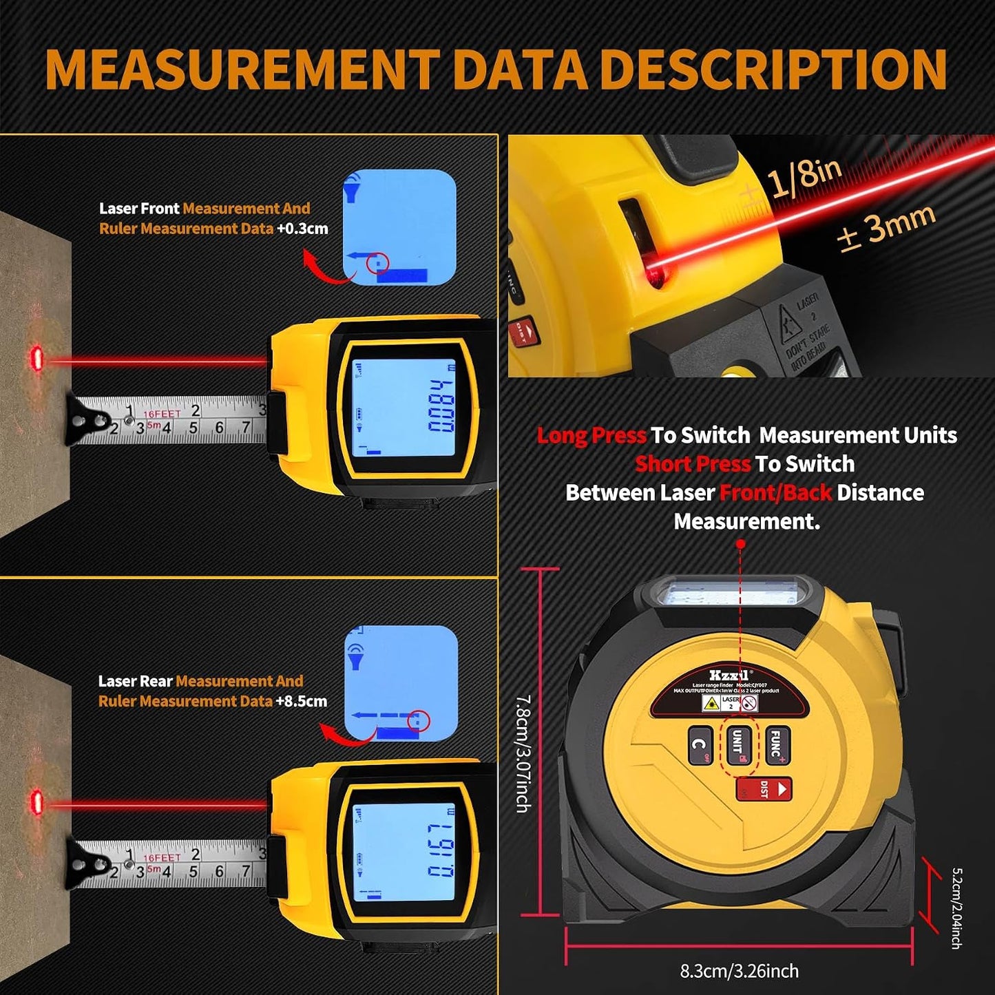 Laser Tape Measure 3 in 1 Laser Rangefinder Tape Measure | 131ft Laser Distance Meter & 16ft Tape Measure for Home Diy Pythagorean, Area, Volum, Multi-Unit Conversion (Ft/Ft+in/in)