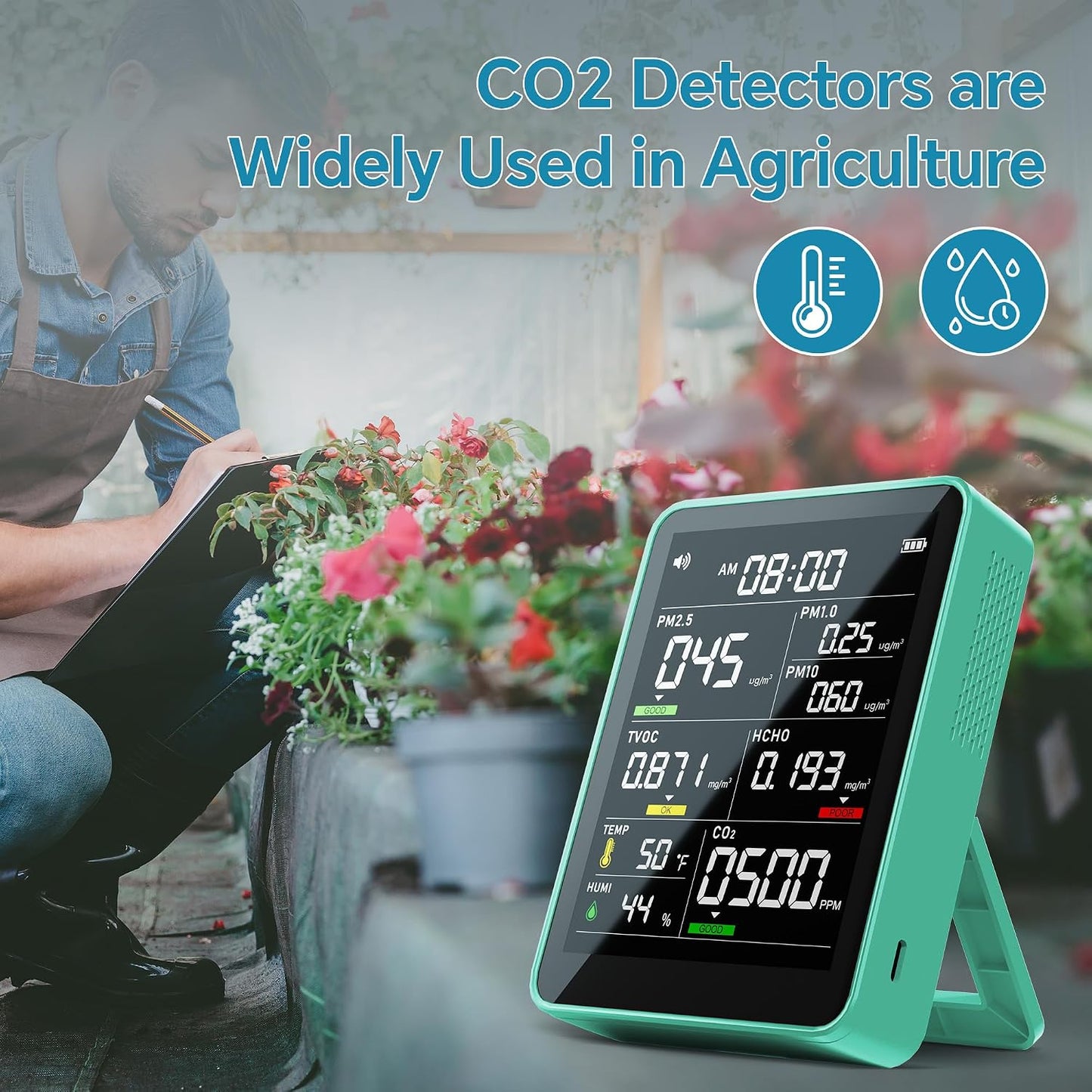 Air Quality Monitor Indoor,13-in-1 Smart Air Quality Tester with PM 2.5, CO2, TVOC, HCHO, PM1, AQI, PM10, Temperature & Humidity, Real Time Display, Battery Powered, for Home & Office