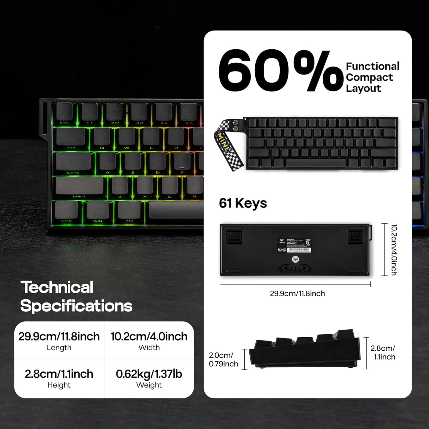 MechLands Aula Mini60 HE PRO Wireless Hall Effect Gaming Keyboard, 4000mAh | Magnetic Keyboard with 8K Polling, Fast Trigger, SOCD & DKS, Adjustable Actuation, RGB Backlit, Sound Dampening (Black)