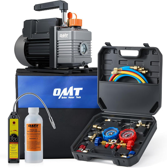 OMT 4 CFM AC Vacuum Pump and Gauge Set for R134a R12 R22 R502 | Copper Motor, Aluminum Alloy Casing; 3 Color Hoses, Can Taps, Adapters & Leak Detector; For Mini Split, HVAC & Auto Systems