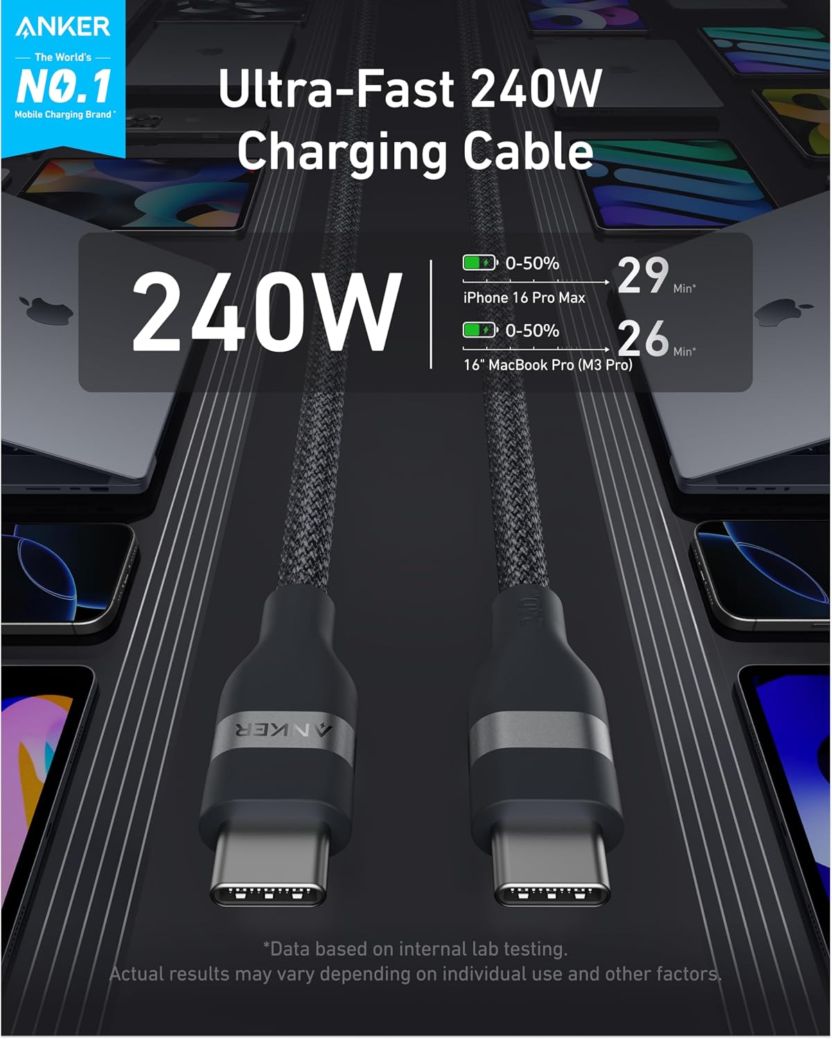 Anker Nano USB C to USB C Cable, 240W Fast Charging Cable (10 ft, Black) | Flexible Multi-Color Braided Charger for iPhone 17 Series, MacBook Pro, and More