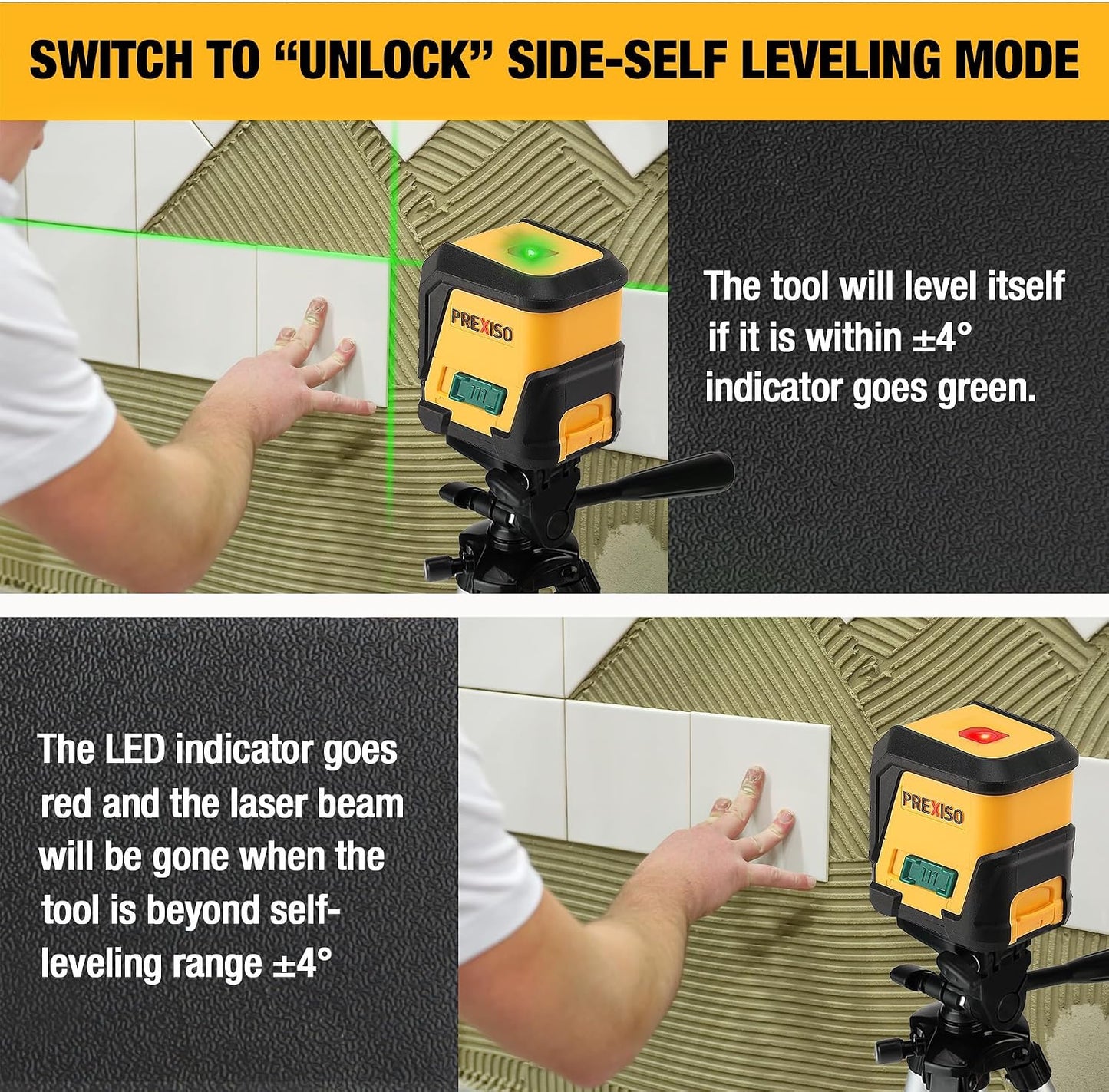 PREXISO Laser Level with Tripod, 65Ft Self Leveling Cross Line Laser Level | 31-1/2 Inch Tripod Green Line Lazer leveler Tool for Hanging Pictures, Home Renovation with LED Indicator & 2 AA Batteries