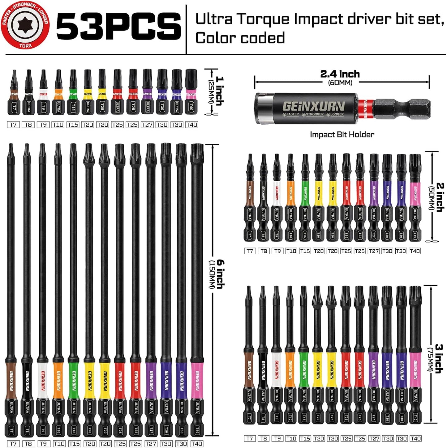 Impact Torx Screwdriver Bits Set, 52Pcs Magnetic(T7-T40) S2 Steel 1”/2”/3”/6” Long Extension Multi Star Driver Bits and 1Pc Bit Holder with Color Coded Base