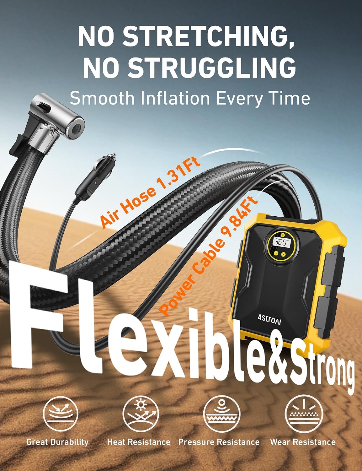 AstroAI Tire Inflator Portable Air Compressor 12V DC Integrated Storage | 9.8Ft Cord Digital Gauge Auto ShutOff LED Light Fast Inflation Air Pump for Car Tires Bike Ball Motorcycle Inflatables Yellow
