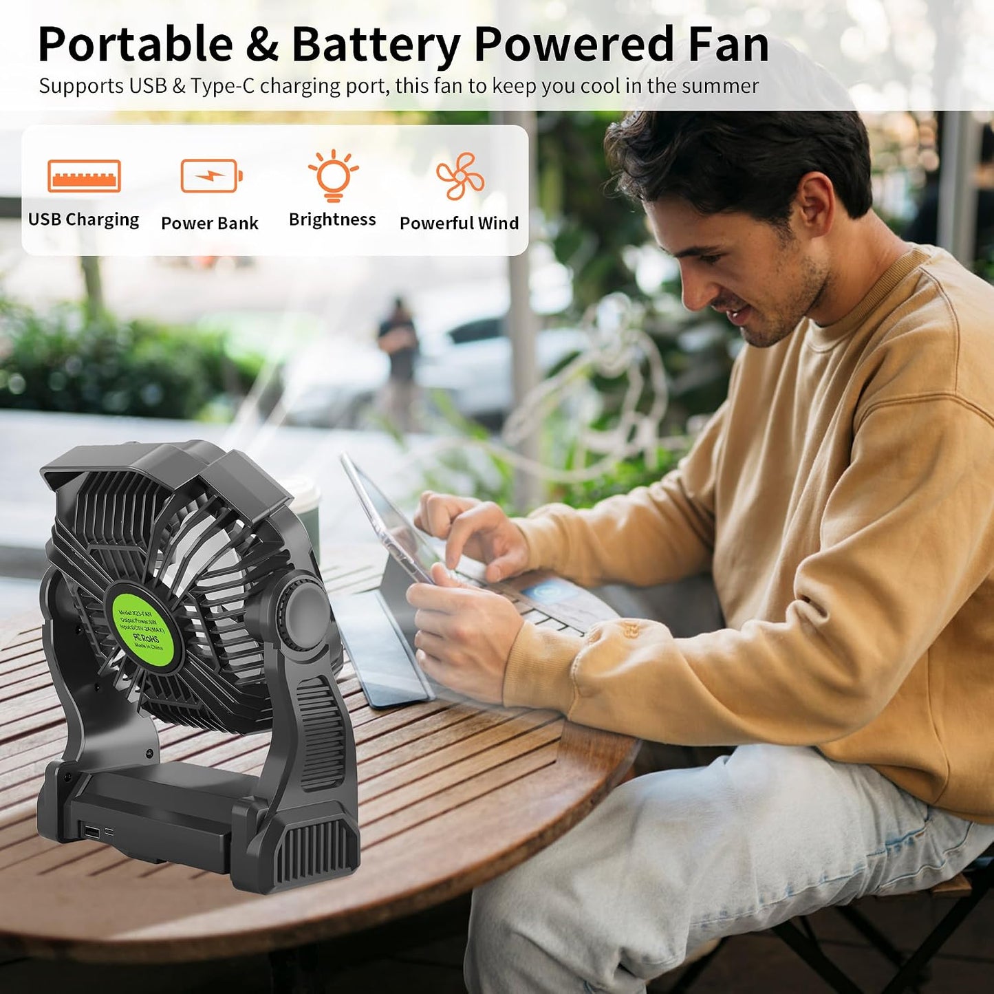 Rechargeable Portable Camping Fan for Tent with LED Light, 20000mAh USB Personal Battery Powered Fan Outdoor Camping Essentials Battery Operated Portable for Travel Beach Essentials X23 Black