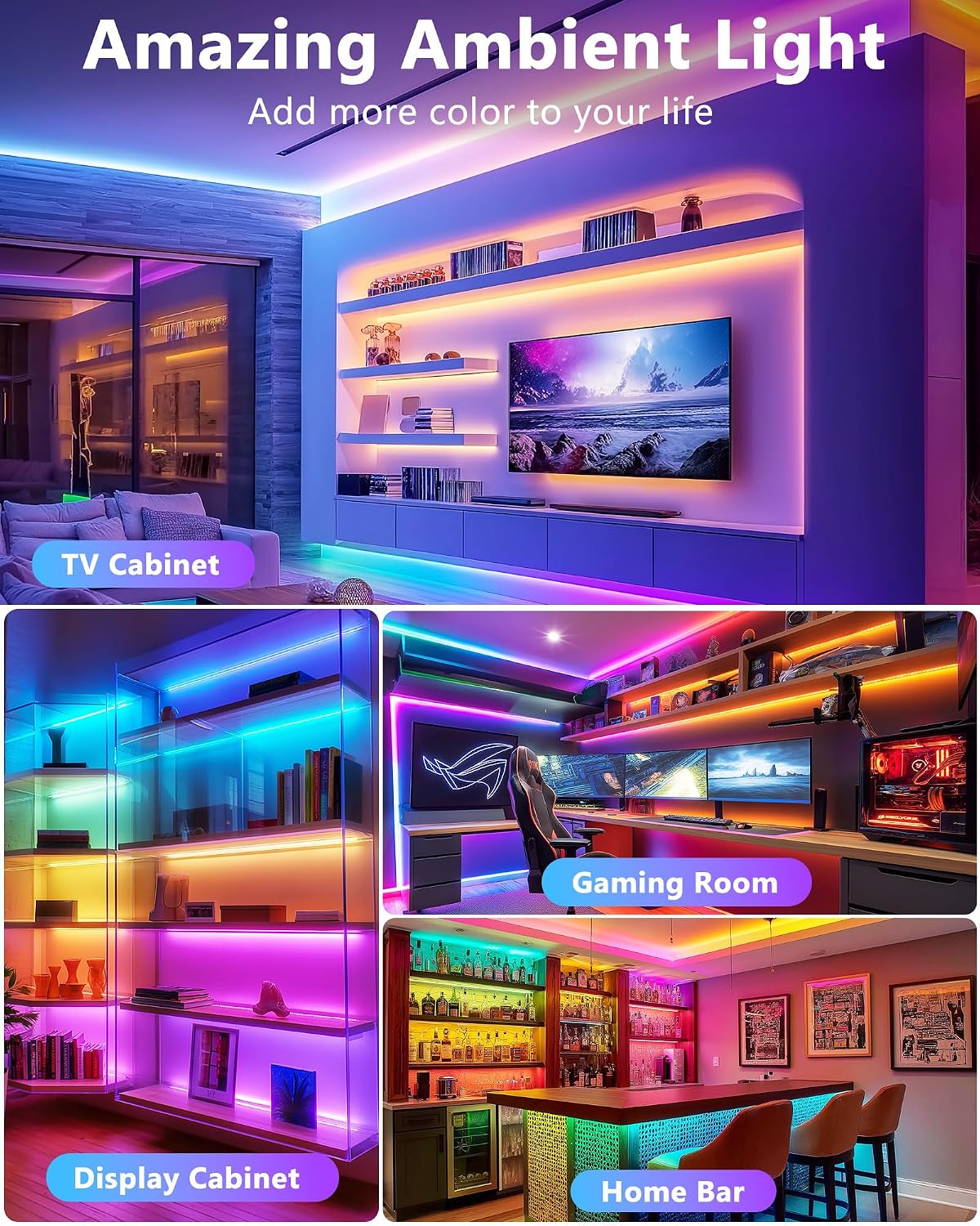 HitLights LED Strip Lights Kit, RGB Color Changing Tape Light Pre-Cut 4FT | UL Listed with RF Remote 12V Power Supply Connectors, Dimmable 12 Colors 19 Dynamic Modes for Cabinet Shelf Display Backlight