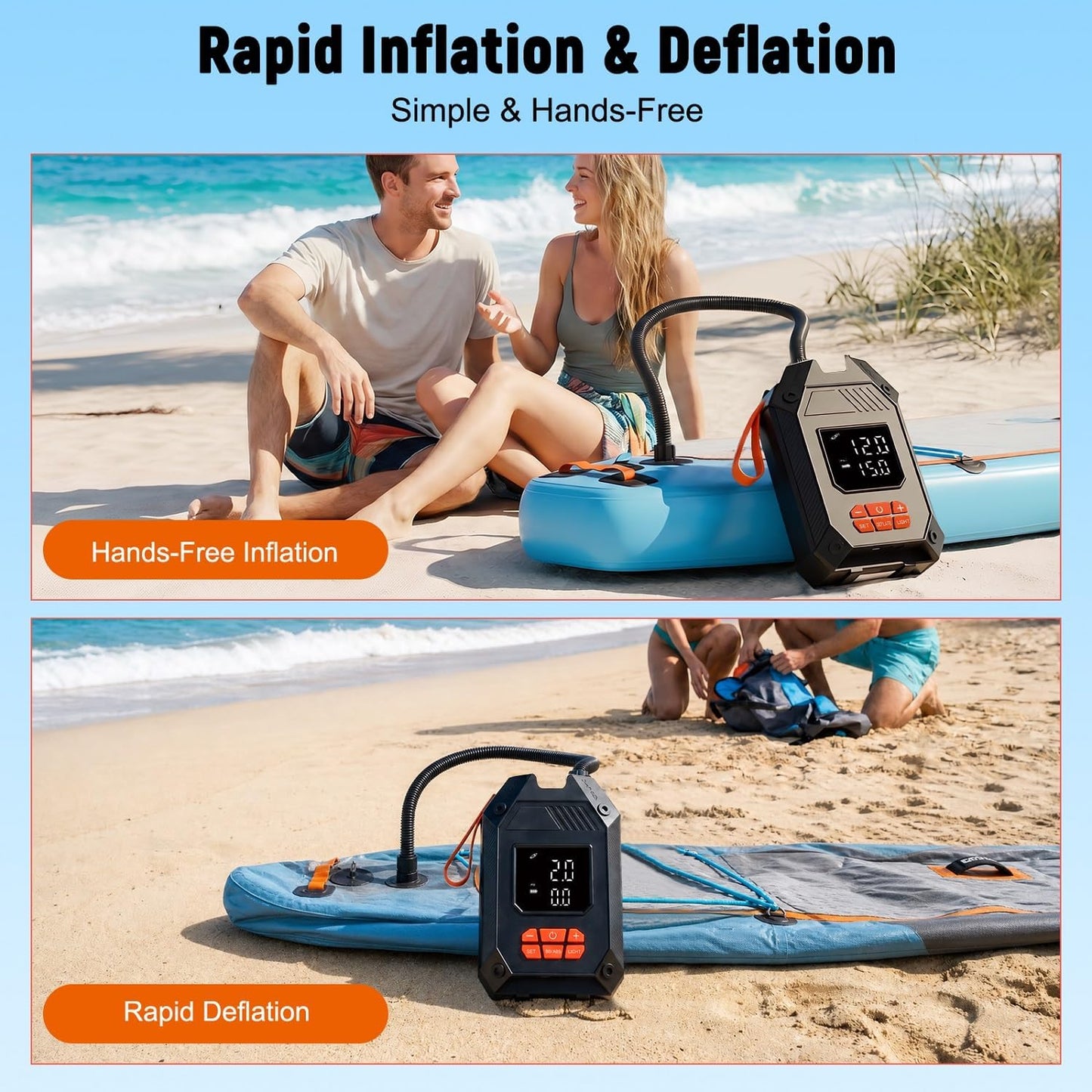 Paddle Board Electric Pump Portable 45 PSI, Dual Powered Rechargeable & 12V DC Air Sup Pump for Car Tires, Paddleboards, Kayak, Tents, Mattresses & Water Sports Inflation & Deflation, Auto-Off