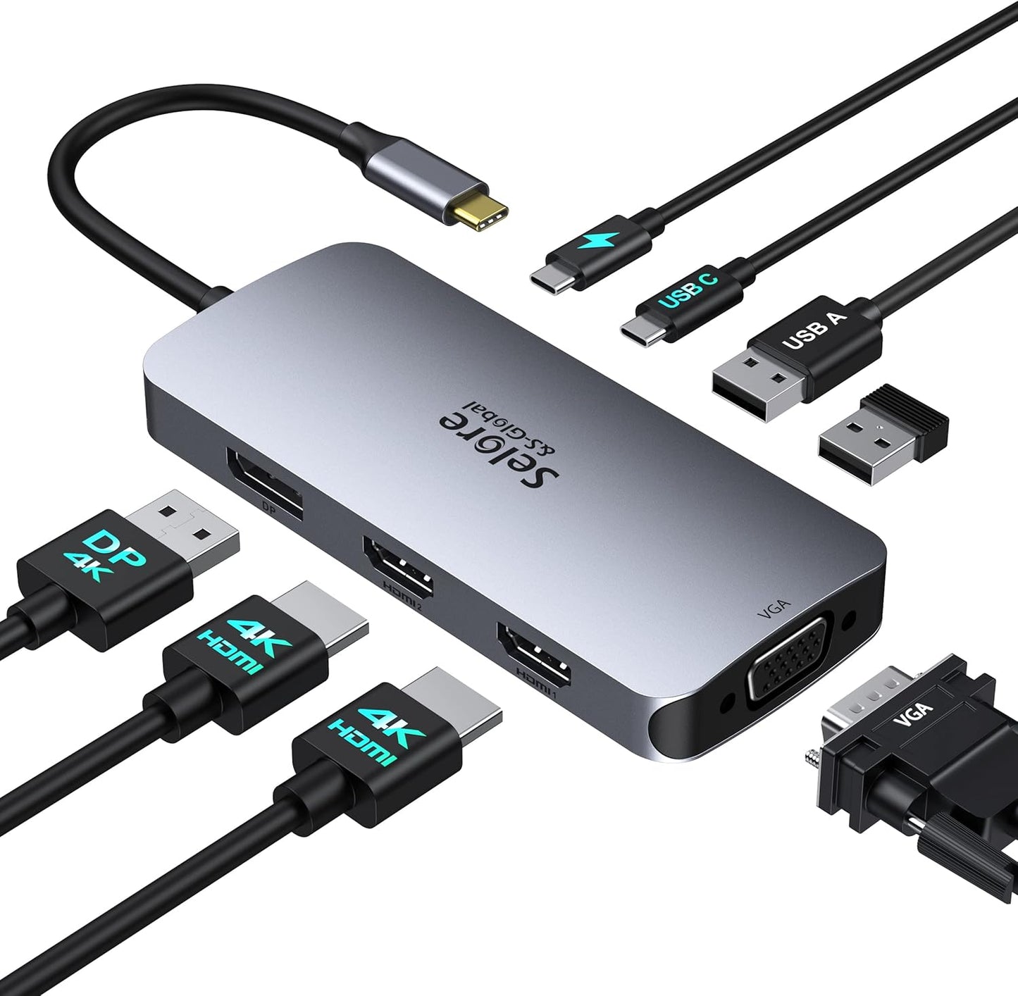 Selore USB C Docking Station Dual HDMI Monitor Adapter USB C Hub 4 Monitors | Triple Monitors with Dual HDMI, DisplayPort, VGA, 100W PD Charging, 3 USB 2.0 Ports, Adapter for Dell XPS, HP, Lenovo, etc