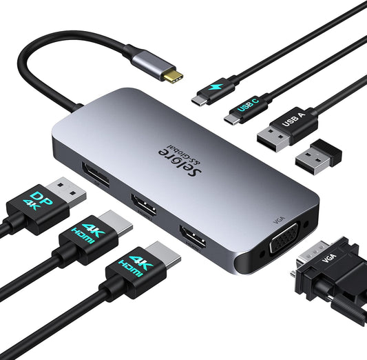Selore USB C Docking Station Dual HDMI Monitor Adapter USB C Hub 4 Monitors | Triple Monitors with Dual HDMI, DisplayPort, VGA, 100W PD Charging, 3 USB 2.0 Ports, Adapter for Dell XPS, HP, Lenovo, etc