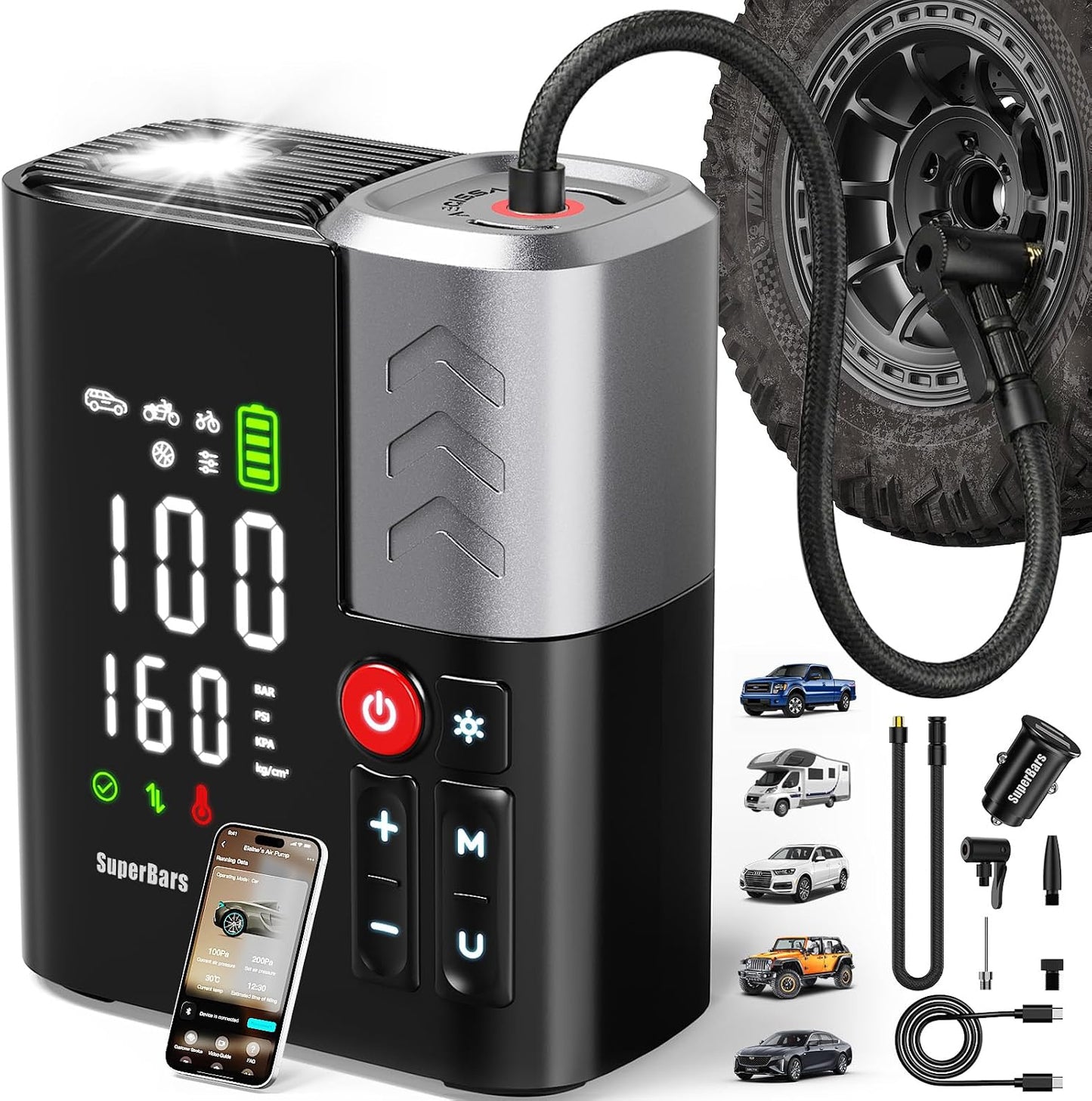 Tire Inflator Portable Air Compressor, SuperBars 7X Faster Air Pump with APP, 160PSI 48LPM Electric Tire Pump with 10400mAh Battery, 45W Faster Charging, Tire Inflator for Car SUV Pickup RV MPV Truck