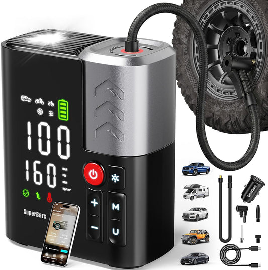 Tire Inflator Portable Air Compressor, SuperBars 7X Faster Air Pump with APP, 160PSI 48LPM Electric Tire Pump with 10400mAh Battery, 45W Faster Charging, Tire Inflator for Car SUV Pickup RV MPV Truck