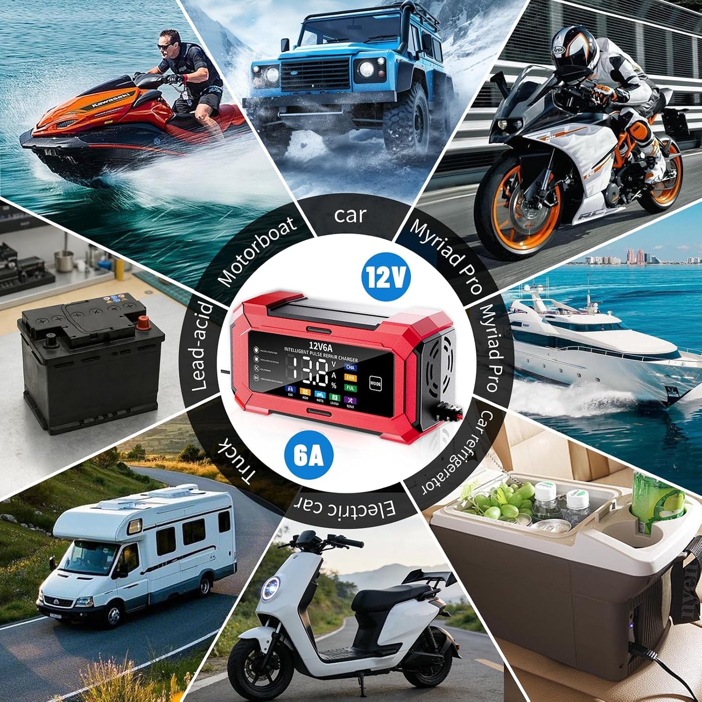 12V Smart Car Battery Charger with LCD Display, Automatic Trickle Charger, Jump Starter Red, Multiple Protection, Pulse Repair Technology, Compatible with 1100/ABS/APRC/RSV4 Models