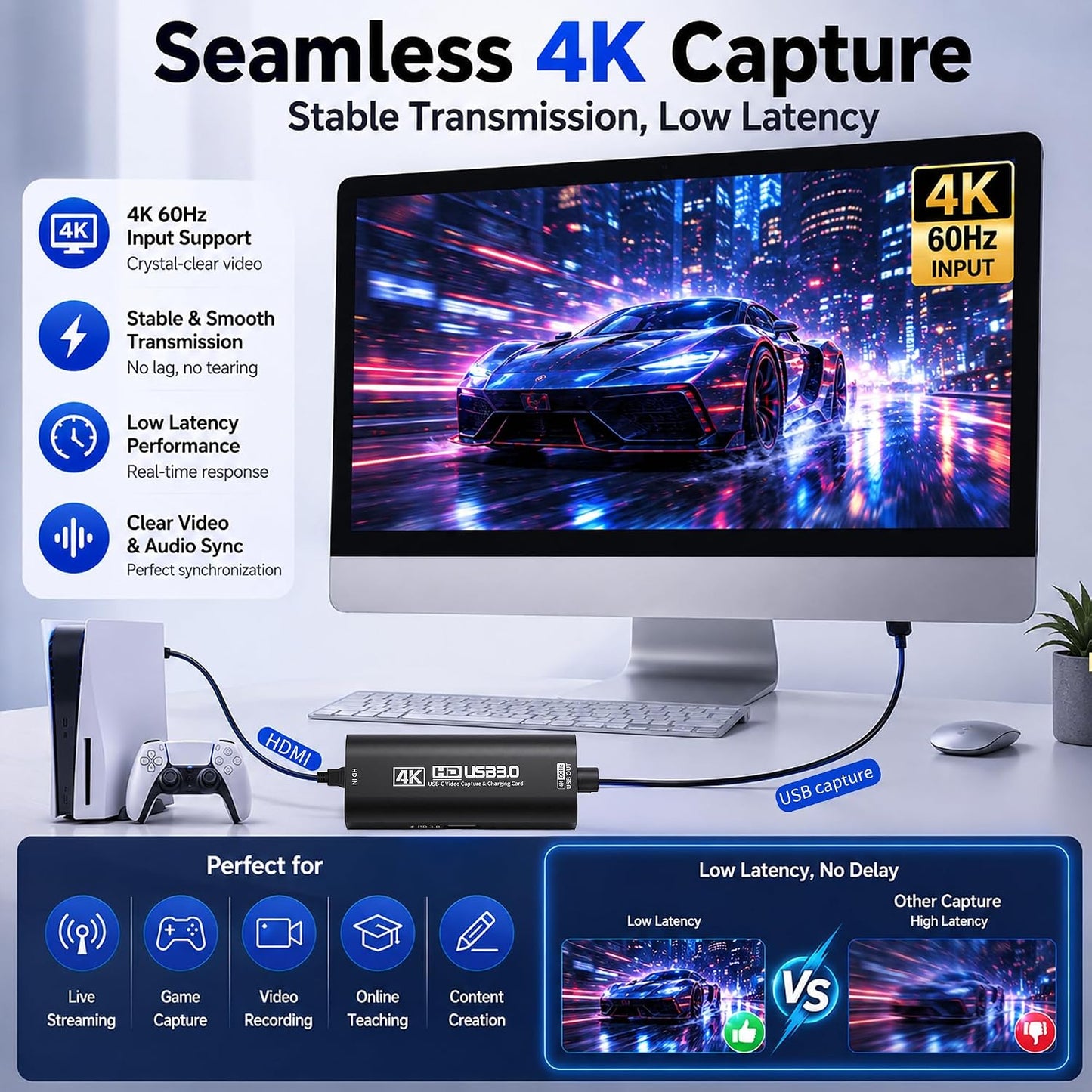 Guermok 4K USB 3.0 HDMI Capture Card for Streaming with PD 100W, 4K@60FPS | 2K@120FPS HDMI to USB C/A Capture Card for Streaming, Works with Pad, Tablet, MacOS, Switch2/1, Laptop, PC, Camera, VR, Black