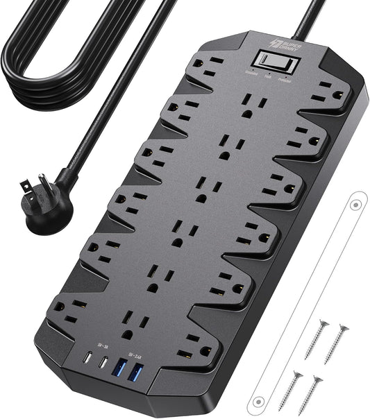 SUPERDANNY 18 AC Power Strip Surge Protector, 10FT, Flat Plug, 1875W/15A