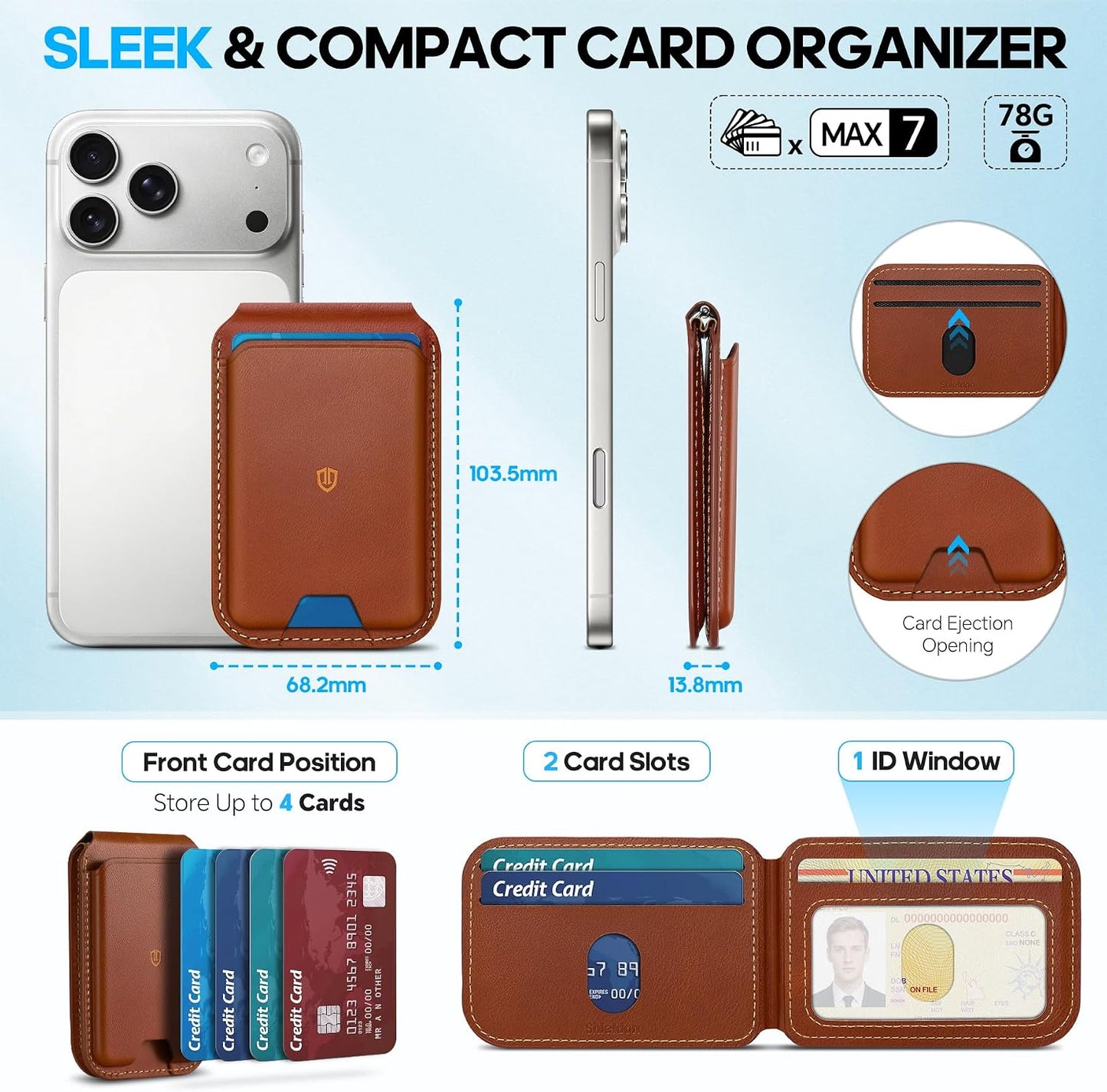 SHIELDON Genuine Leather Magnetic Wallet Stand for MagSafe, Retro Brown | Strong Magnetic, Card Holder, Kickstand, Angle Adjustment, Rfid Blocking, for iPhone 17/16/15/14/13/12 Series & Magnet Case