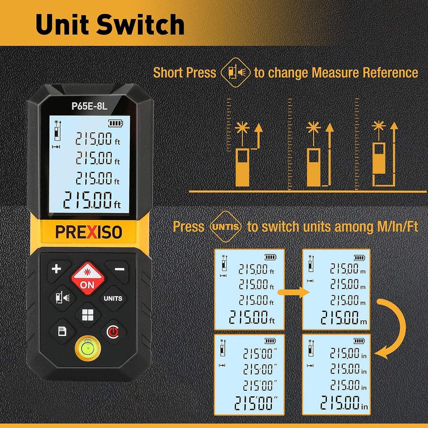 PREXISO Laser Measure, 215Ft Laser Measurement Tool with Diagonal Measuring | Medidor Laser Distance Meter Ft/Ft+in/in/M Units - Pythagorean Mode, Area, Volume -100 Sets Data Storage
