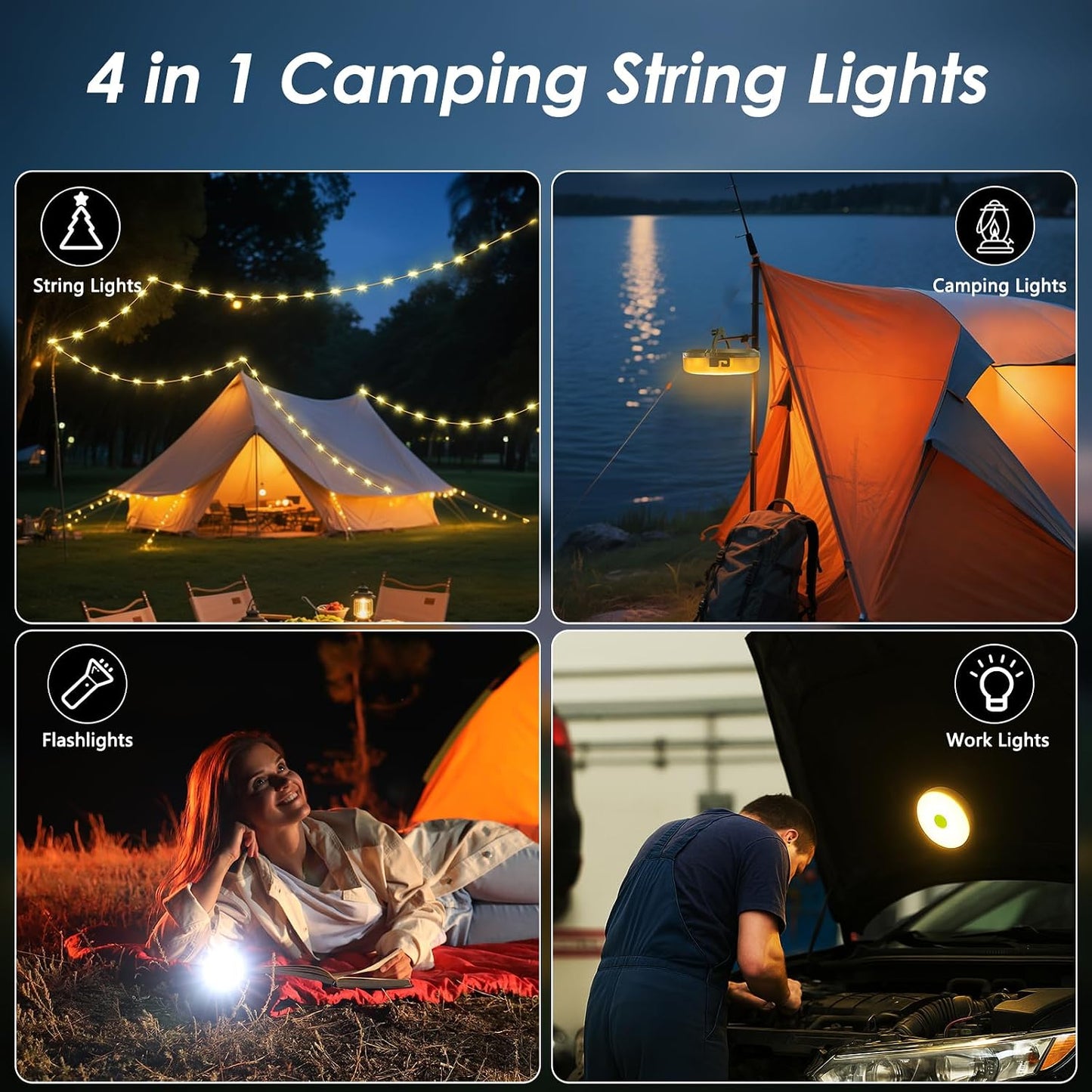 2 Pack Camping String Lights 4 in 1, 8 Modes Rechargeable Fairy Tent Lights | 30s Quick Storage, 32.8FT RGB Retractable Lights, Camping Essential Gear, Waterproof Hanging LED Lantern, Outdoor Party Decor