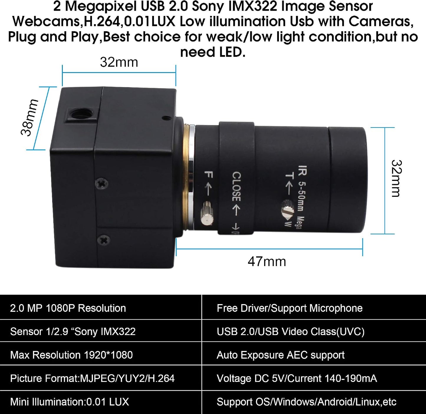 ELP 5-50mm Varifocal Lens 1080P USB Camera with H.264 High Definition Sony IMX323 Webcam for Android Linux Windows Industrial Video