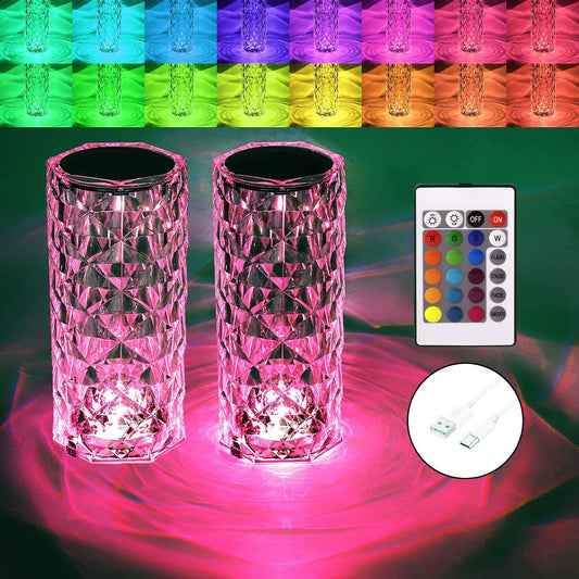 BGFHome 2 Pack Crystal Table Lamp 16 RGB Color Changing Rose Diamond Touch Lights, Protable Rechargeable Cordless Bedside Night Light with Remote, Aesthetic Room Decor Gift for Bedroom, Party, Dinner