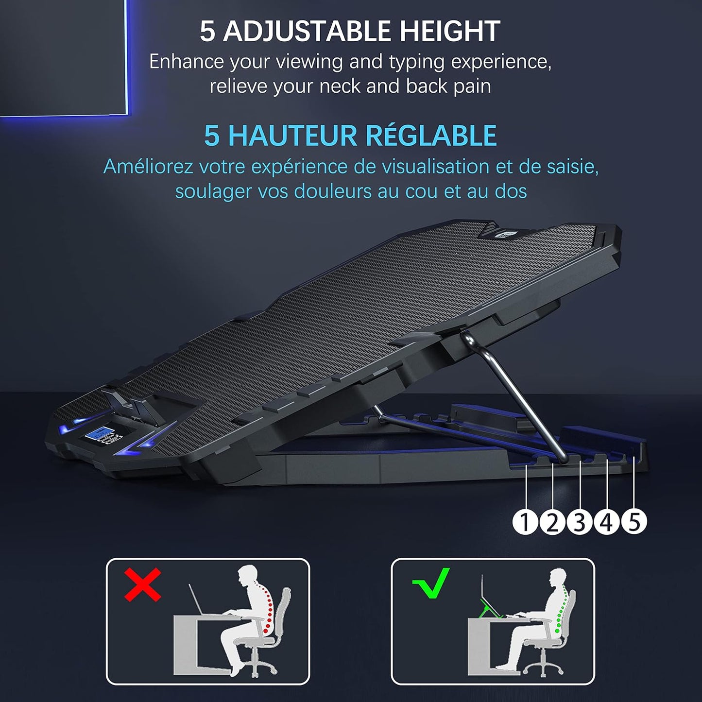 TopMate C5 12-15.6 inch Gaming Laptop Cooler Cooling Pad | 5 Quiet Fans and LCD Screen | 2500RPM Strong Wind Designed for Gamers and Office