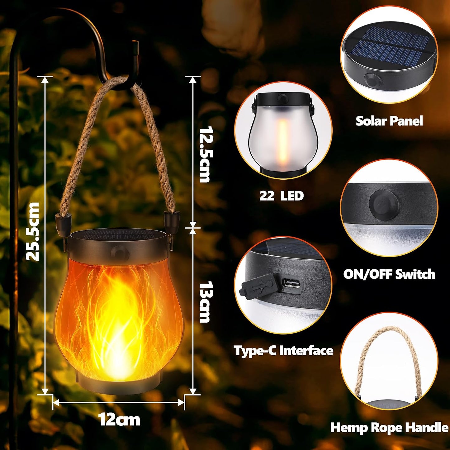 iBaycon 2 Pack Gen2 Solar Lantern Lights USB Ultra-Real Flame, Warm White | Solar Garden Lights with Solar & USB-C Dual Charging, 2 Modes Outdoor Waterproof Hanging Lantern for Patio Yard Home