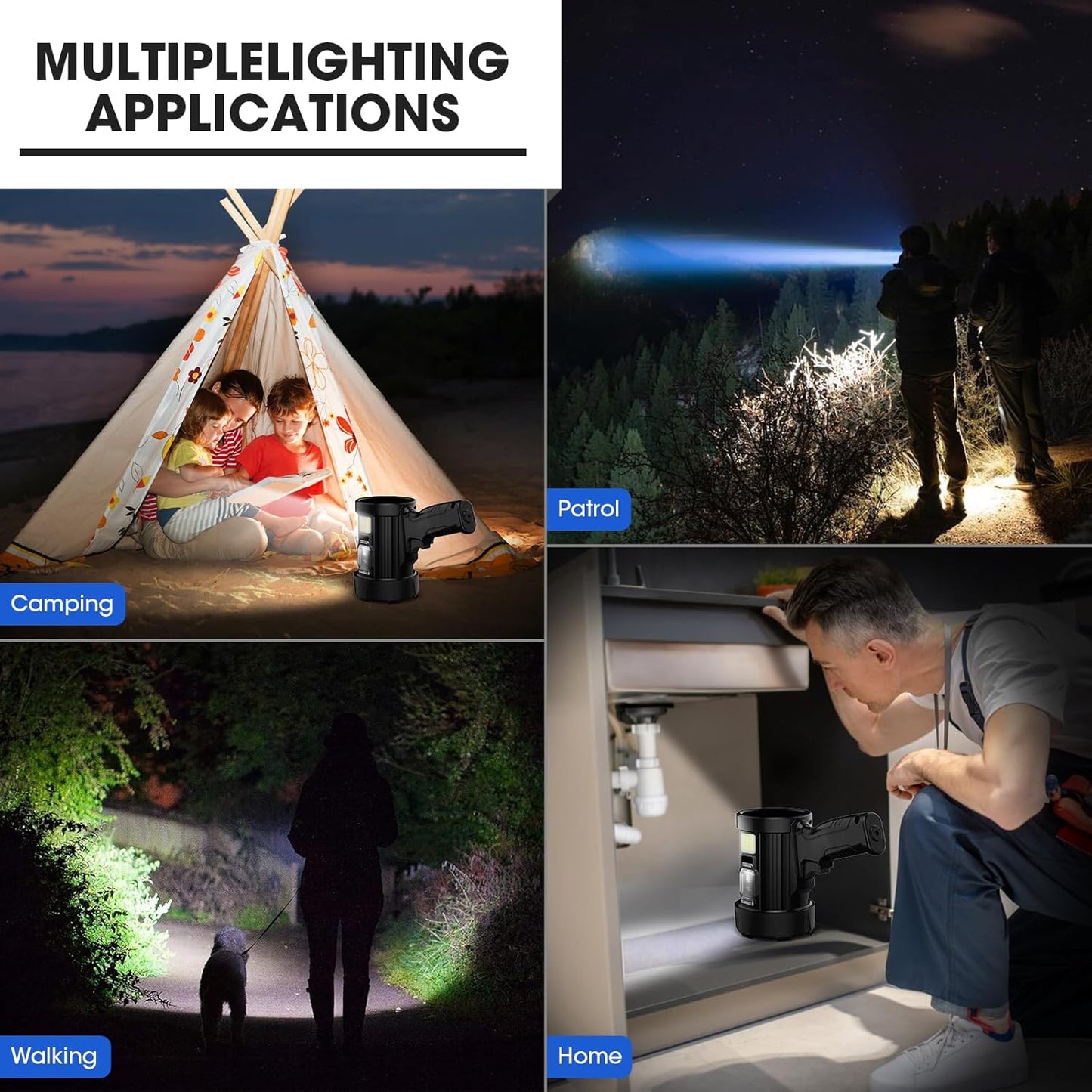 Kmivo Rechargeable Spotlight, 2,000,000 Lumens Super Bright Handheld Led Flashlight, Outdoor Spot Light with Cob Light and Solar Panelsfor Boating Camping