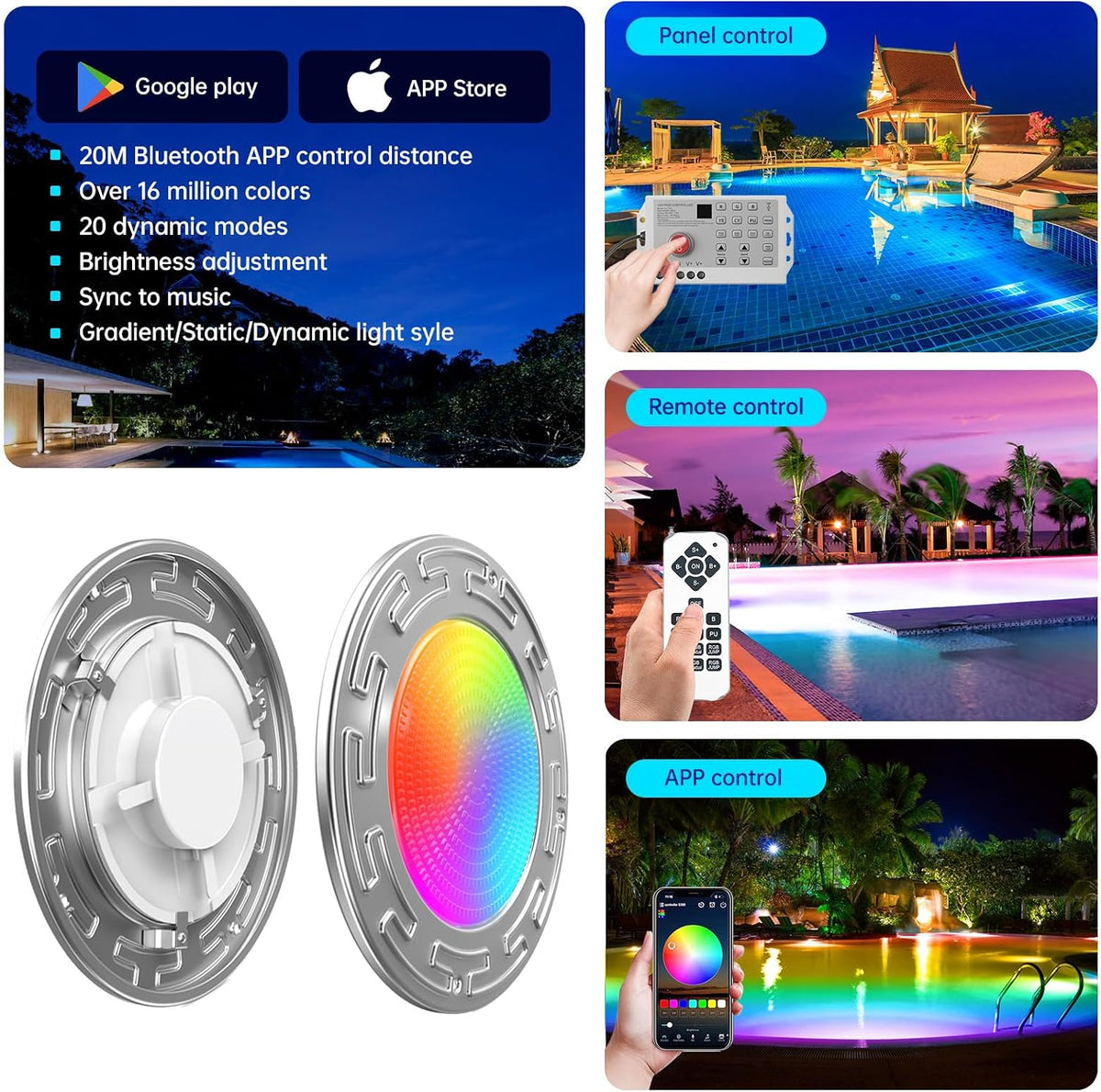 60FT 10Inch 60W Led Smart Pool Lights for Inground Pool with 3 Control Way (App/Remote/Controller), Led Color Changing Underwater Swimming Pool Light for 10" Large Wet Niches