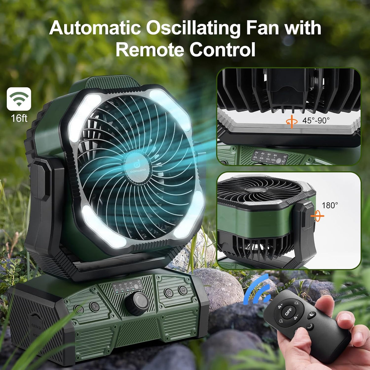 Odoland 40000mAh Camping Fan with Lantern, Battery Operated Oscillating Fan | Desk Fan with Remote & Hook, Rechargeable Outdoor Tent Fan with Timer for Hurricane Power Outage Travel Jobsite RV, Green