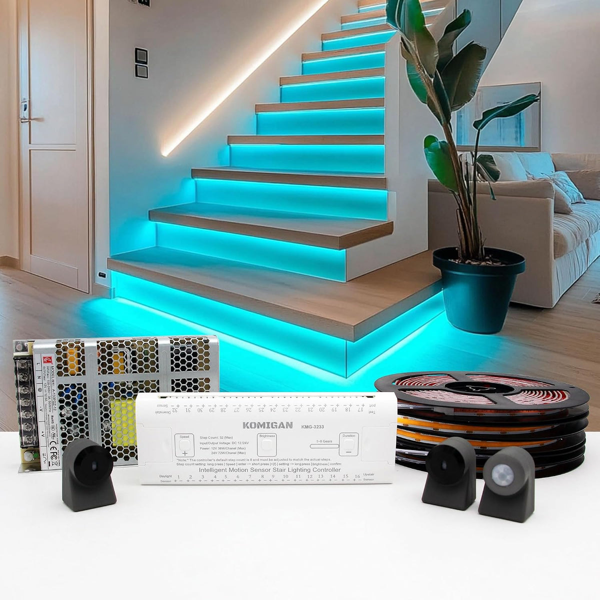 Intelligent Motion Triggered LED Stair Lighting Kit KMG-3233, 40" Cuttable LED Strip Light for Indoor LED Stair Lights (Warm White 3000K,24 Stairs)